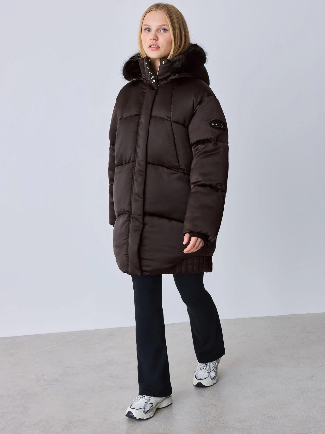 Ted Baker Girls Shower Resistant Satin Padded Longline Coat - Chocolate Brown