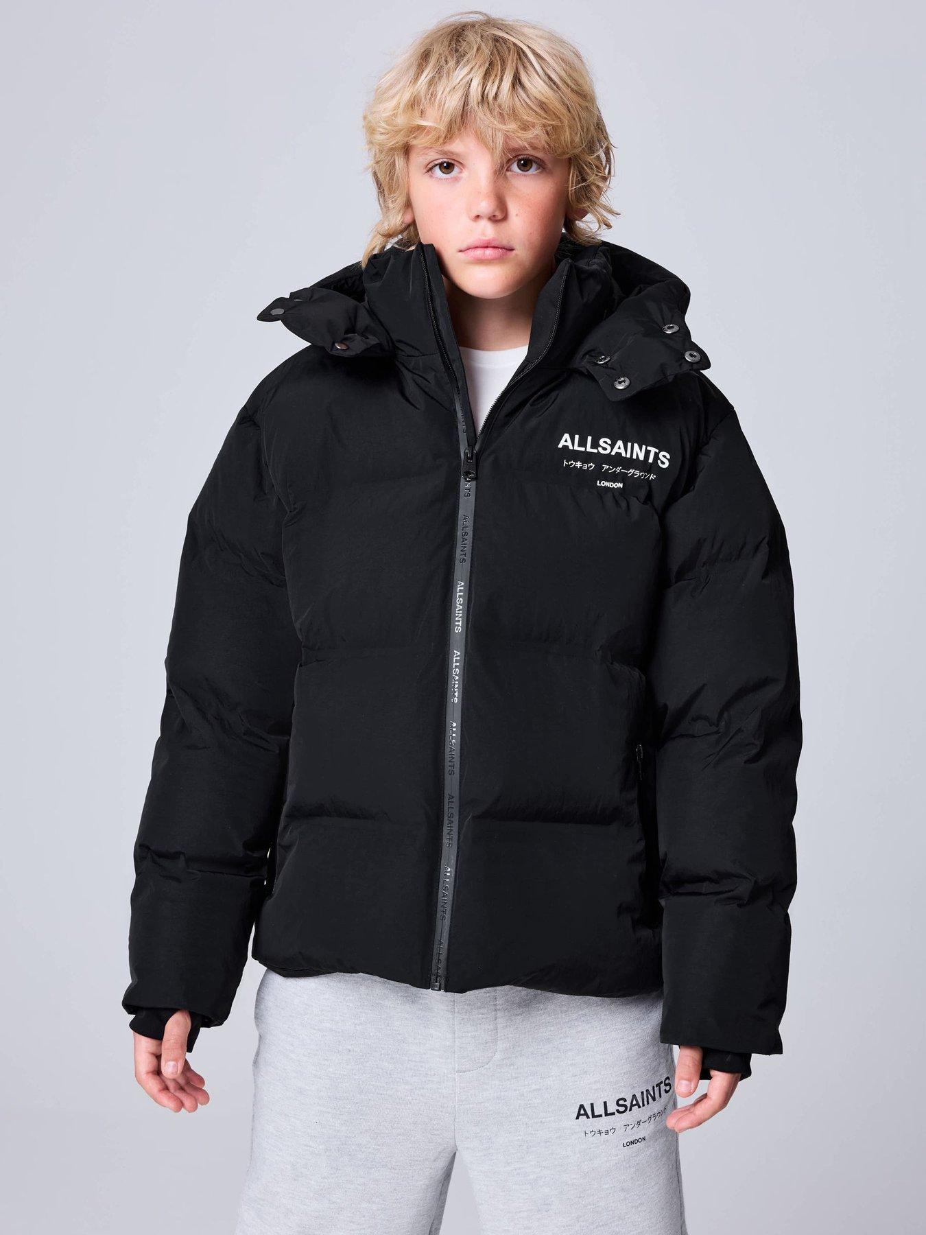 smALLSAINTS Boys' Hooded Puffer Jacket with Zip Pockets and Logo Detail - Black