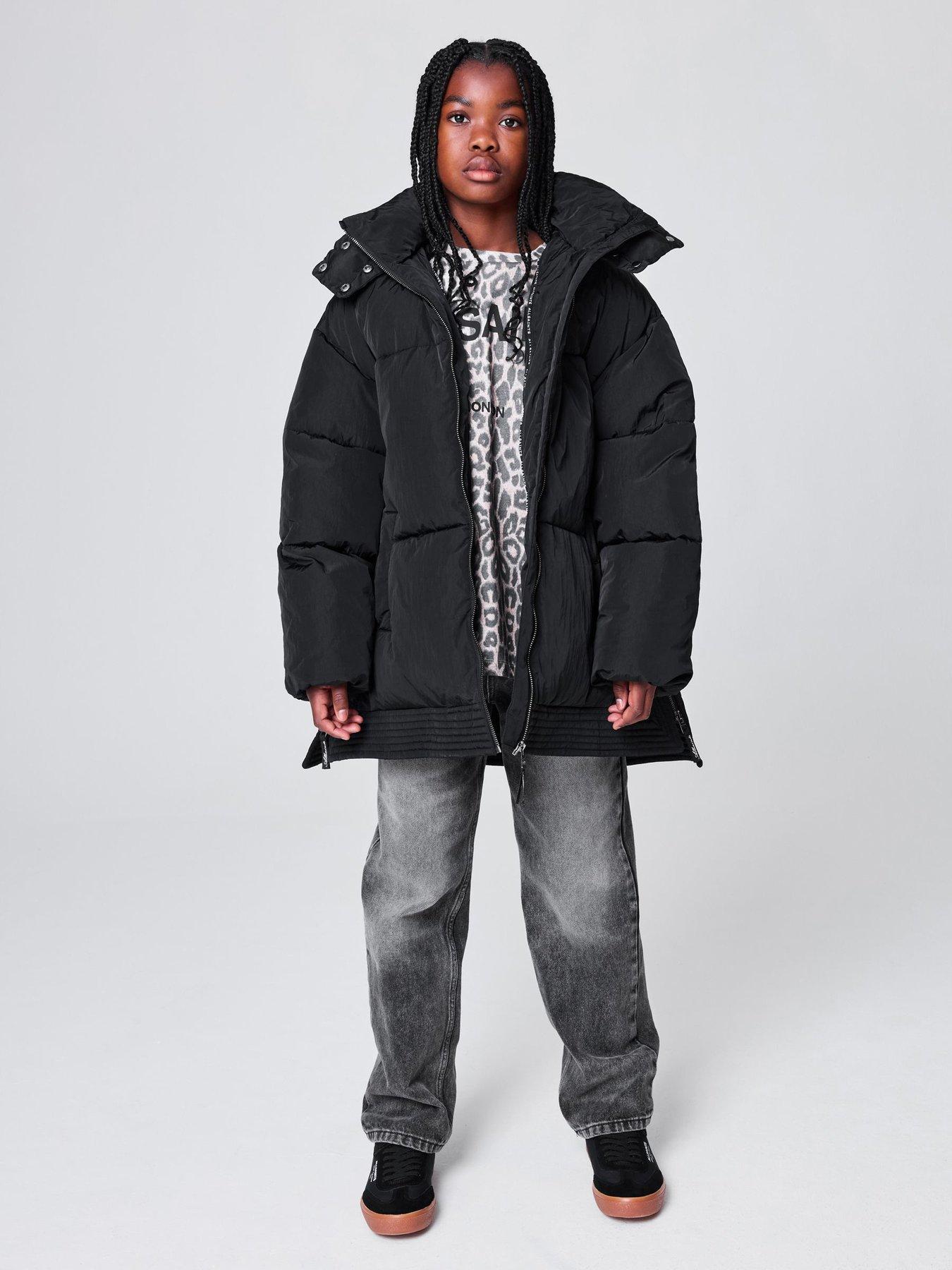 smALLSAINTS Girls Girls' Longline Hooded Puffer Coat with Zip Fastening - Black