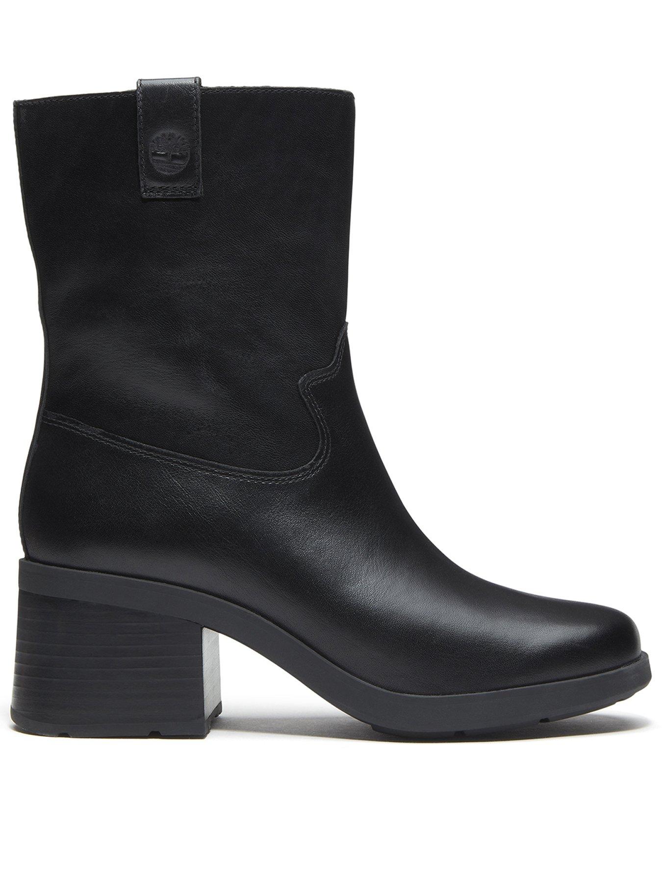 Image 1 of 7 of Timberland Bellevaux Leather Block Heel Side Zip Ankle Boots - Black