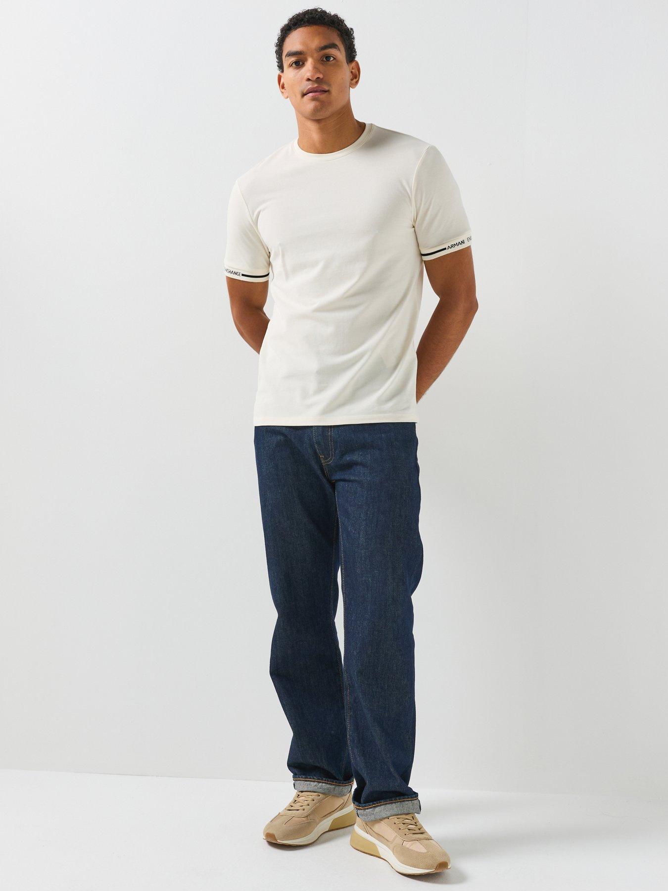Image 3 of 6 of Armani Exchange Tipped Logo Cuff T-Shirt - Off White
