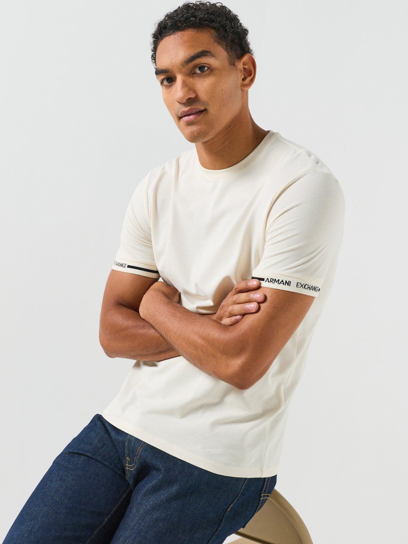 Image 4 of 6 of Armani Exchange Tipped Logo Cuff T-Shirt - Off White