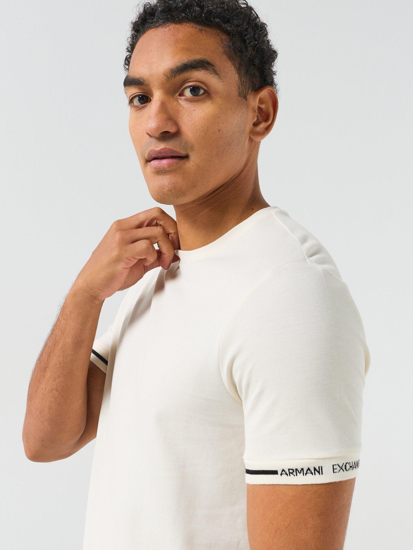 Image 5 of 6 of Armani Exchange Tipped Logo Cuff T-Shirt - Off White