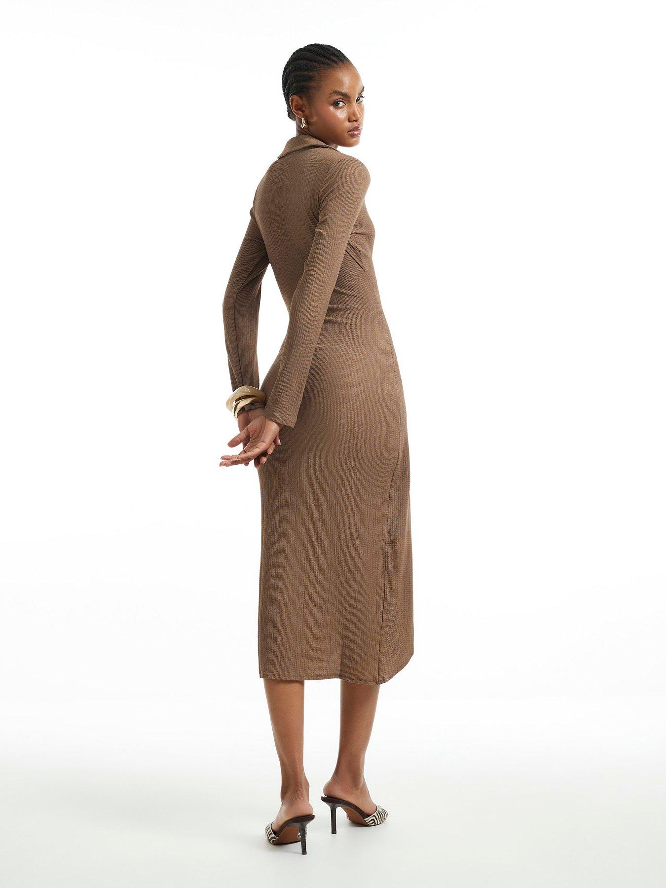 Image 2 of 6 of River Island Textured Wrap Midi Dress - Brown