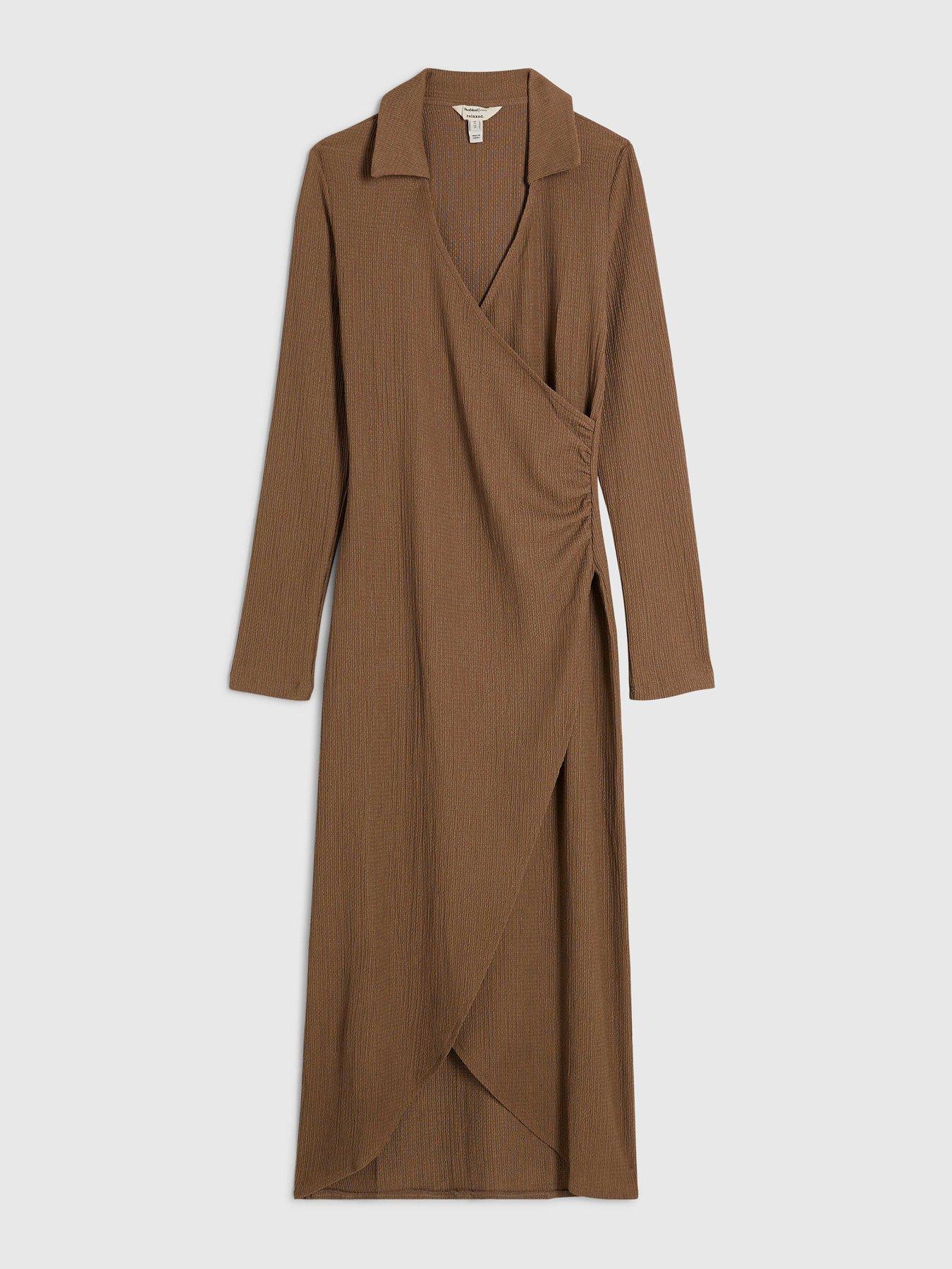 Image 5 of 6 of River Island Textured Wrap Midi Dress - Brown