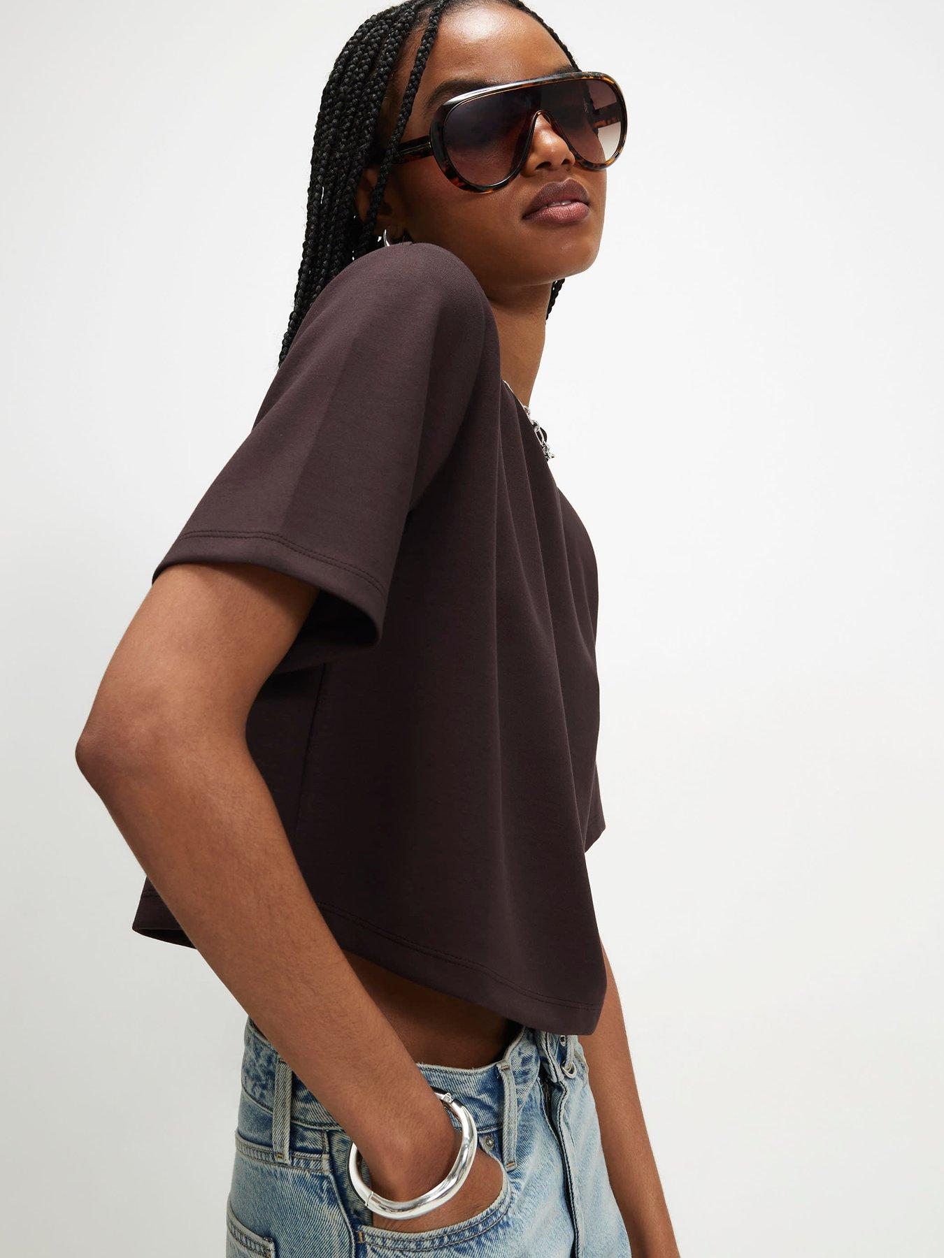 Image 4 of 6 of River Island Premium Shoulder Pad T-Shirt - Brown
