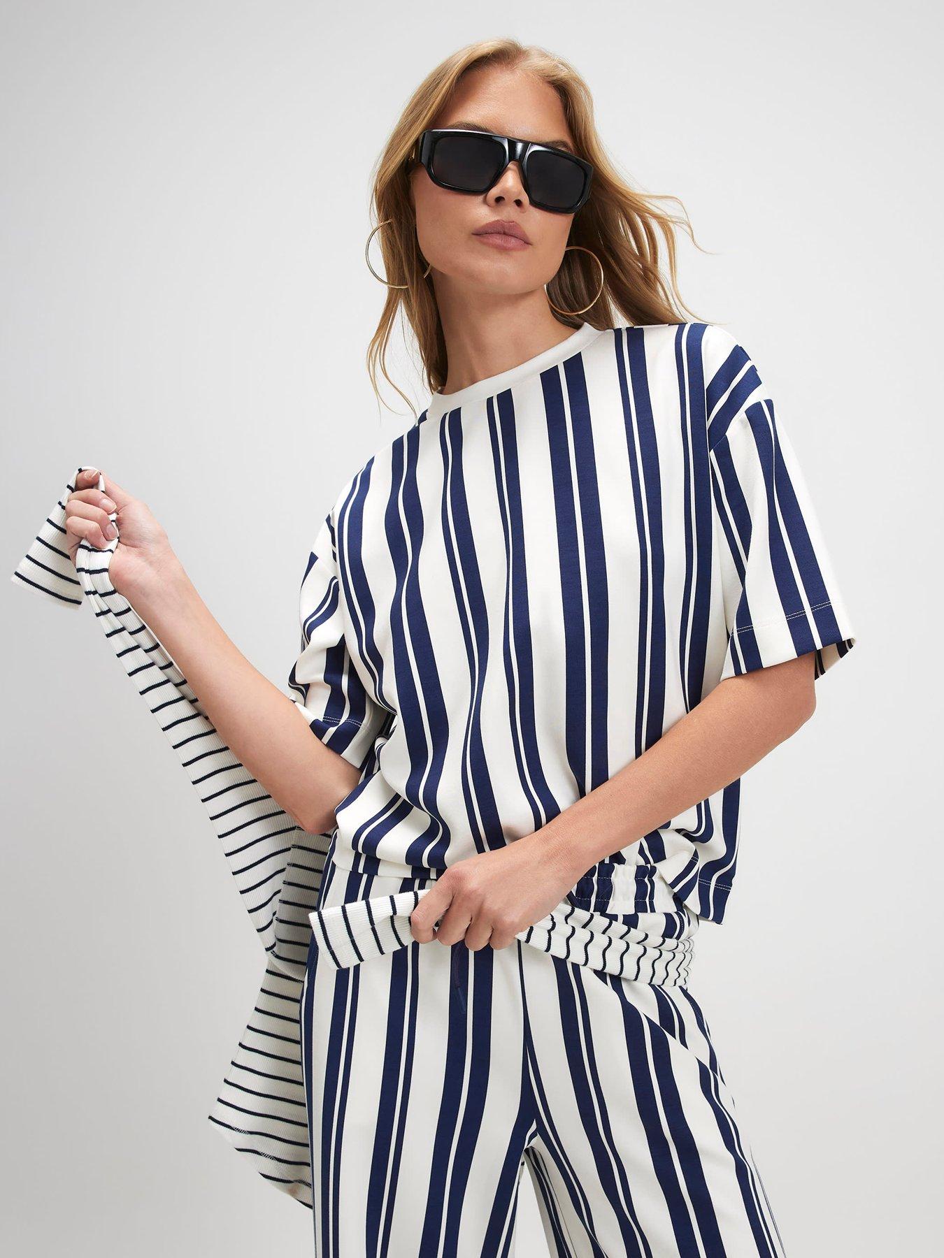 Image 1 of 4 of River Island Short Sleeve Vertical Stripe Neo Boxy Co-Ord T-Shirt - White