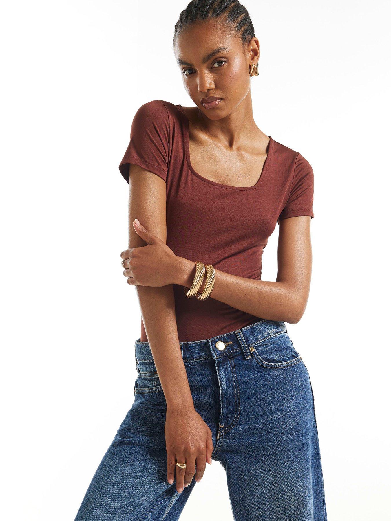 River Island Short Sleeve Scoop Neck Bodysuit - Brown