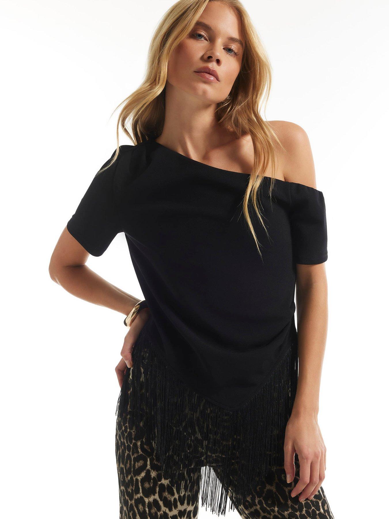 Image 4 of 6 of River Island Womens One-Shoulder Fringe Hem Drape Blouse - Black
