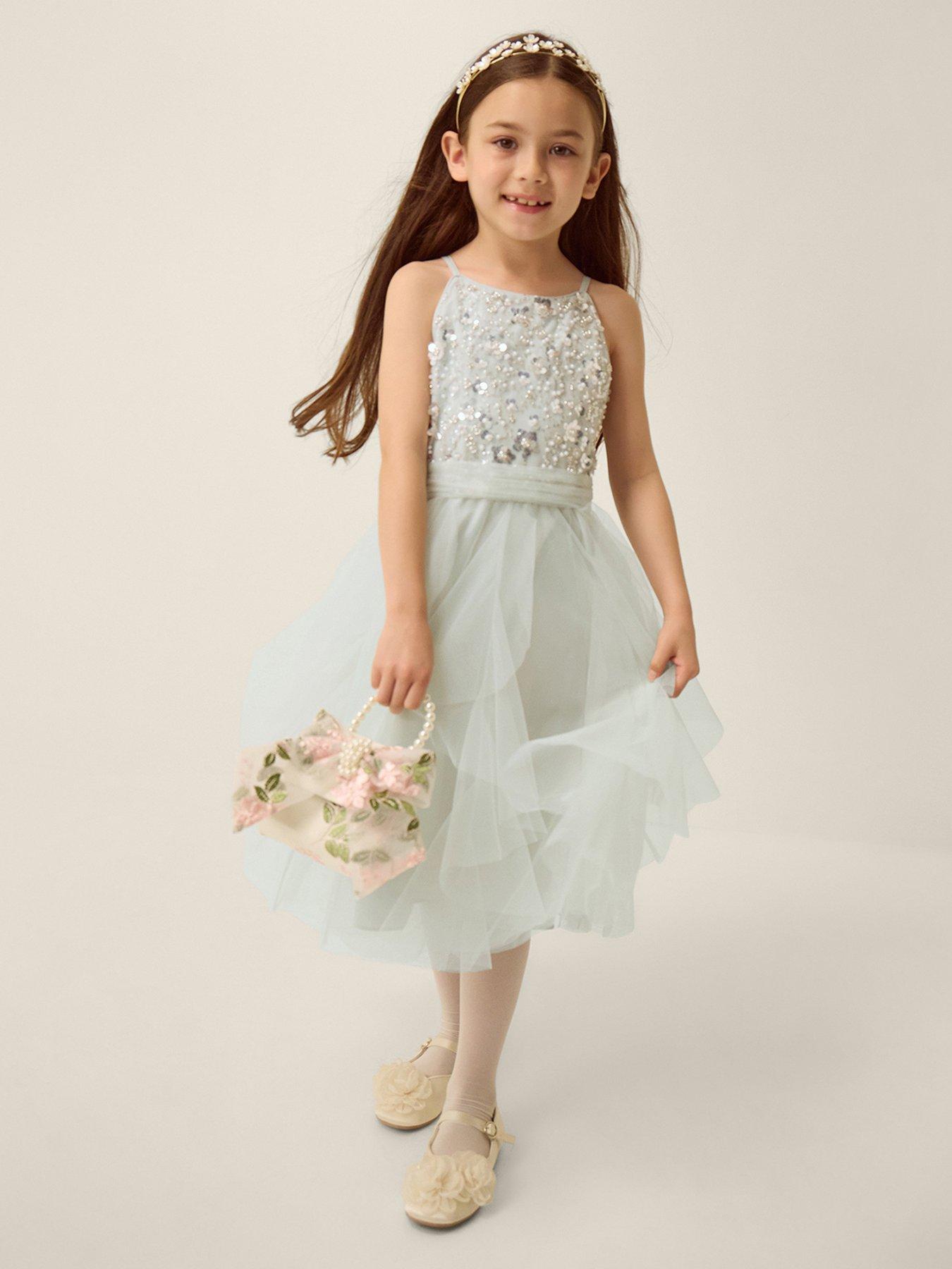 Image 1 of 3 of Monsoon Girls Strappy Gracie Waterfall Dress - Sage - Light Green