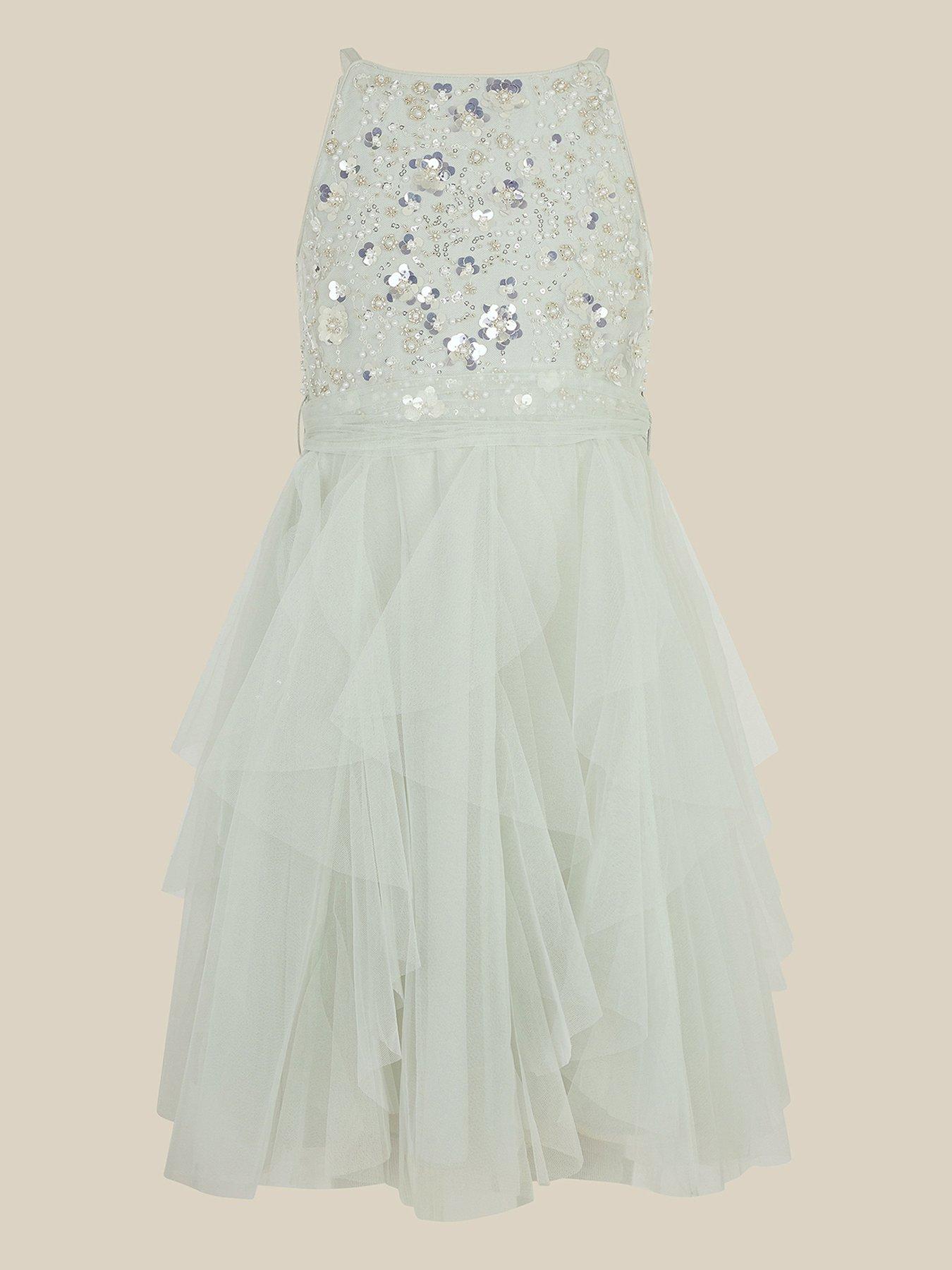 Image 2 of 3 of Monsoon Girls Strappy Gracie Waterfall Dress - Sage - Light Green