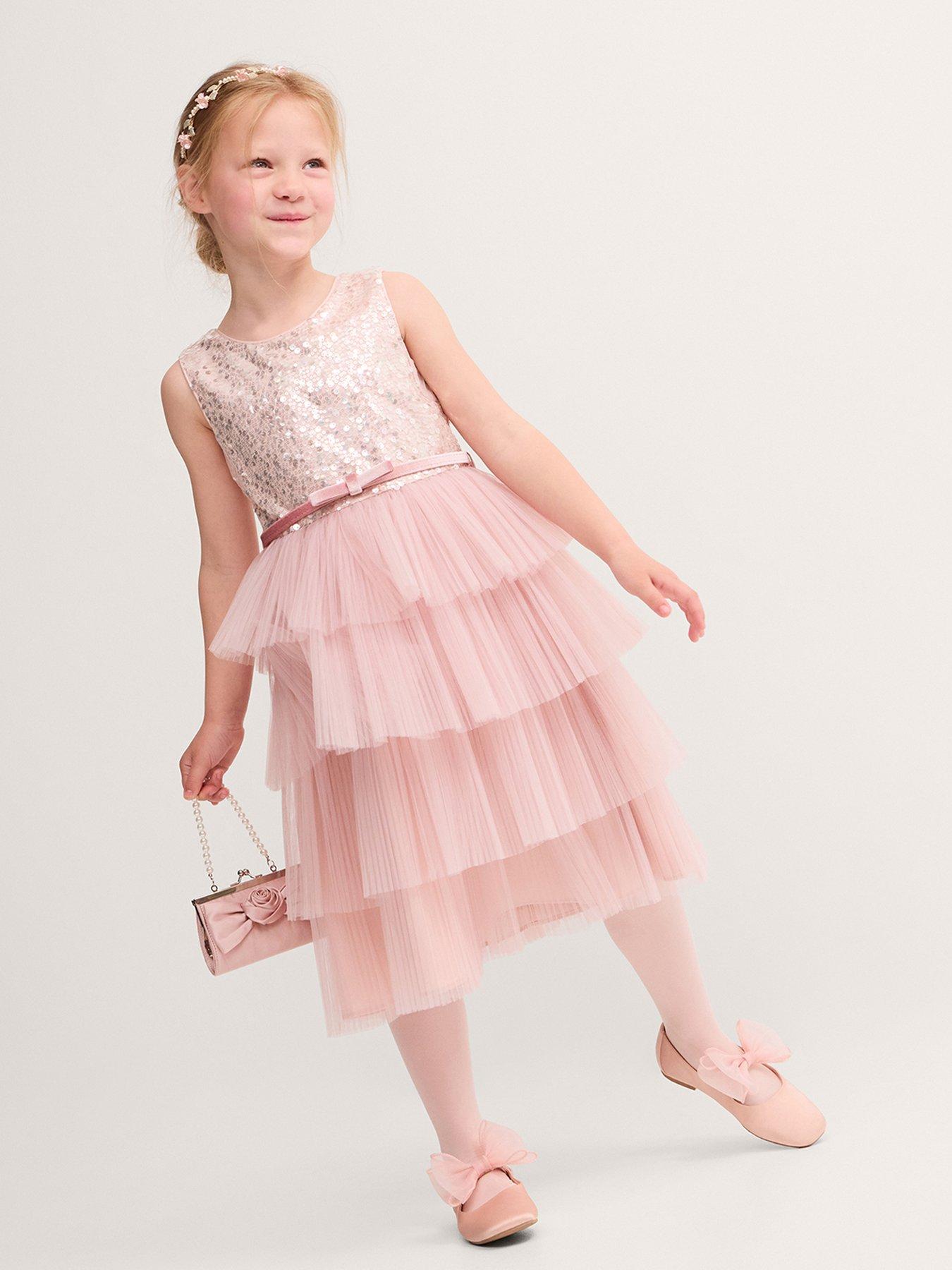 Monsoon Girls Elodie Sequin Pleated Tiered Dress - Pale Pink