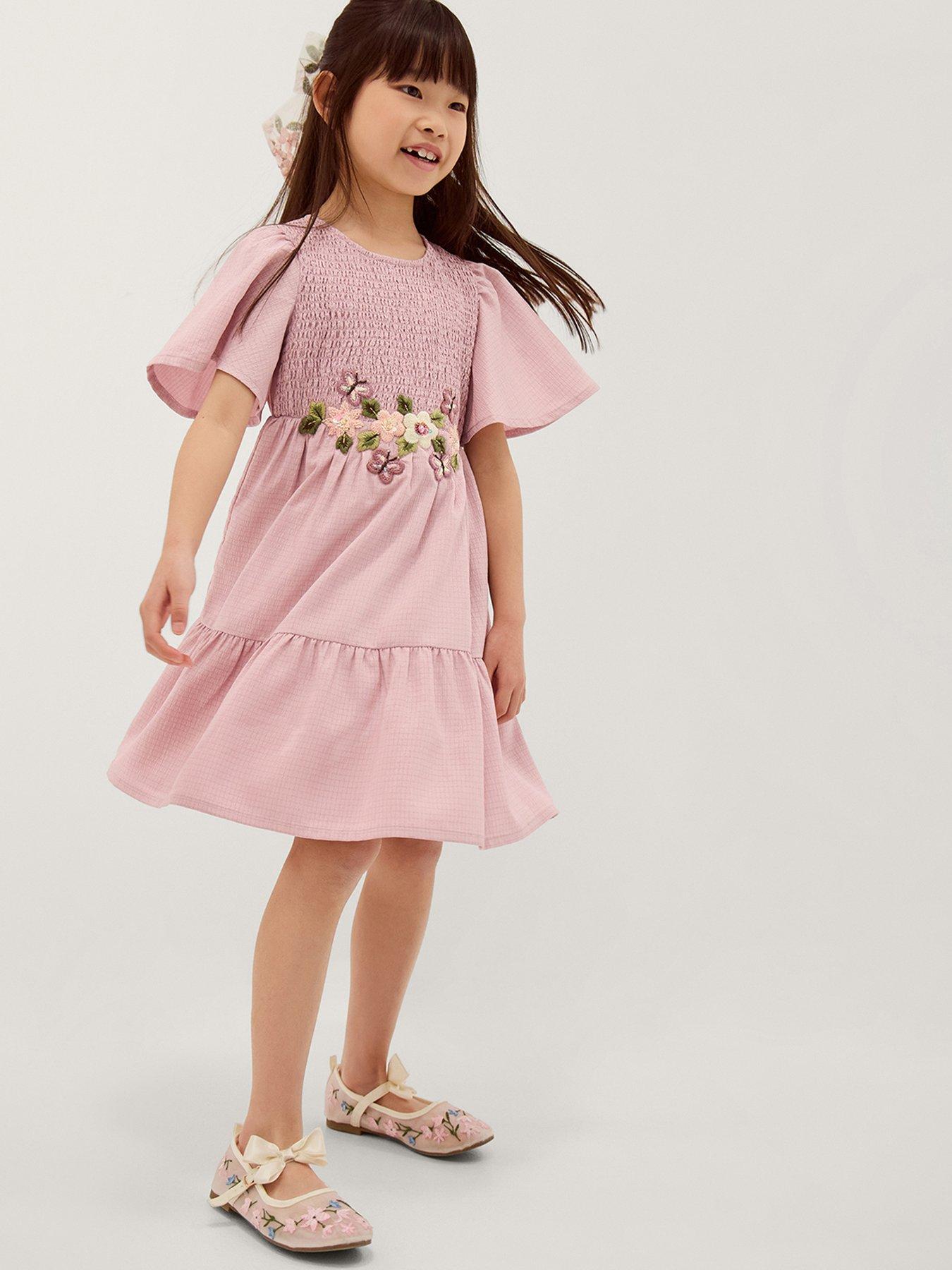 Monsoon Girls Shirred Floral Embroidered Dress - Pink
