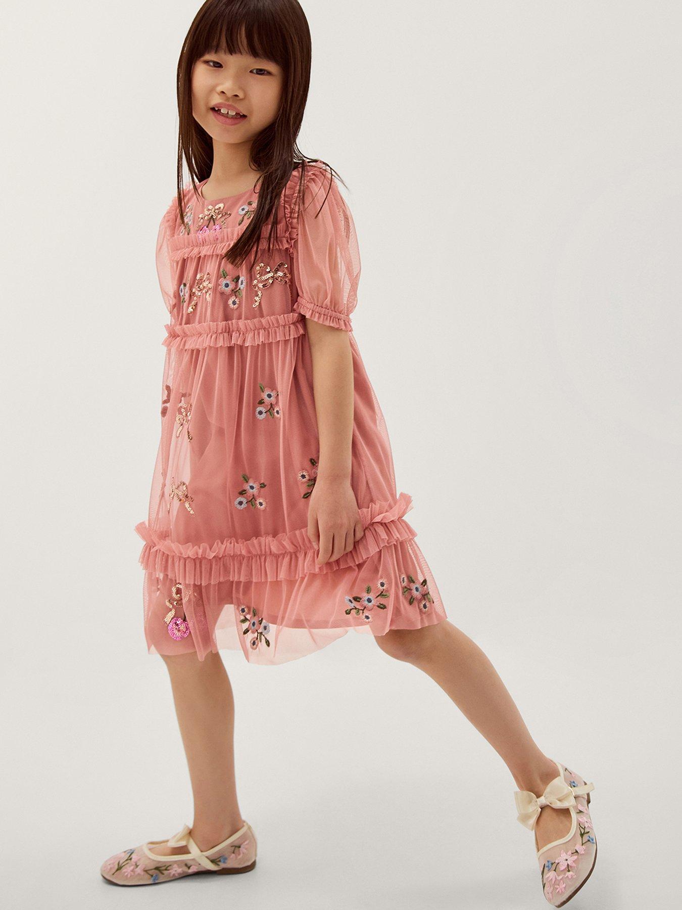 Monsoon Girls Mon Cheri Sequin Embroidered Mesh Dress - Pink
