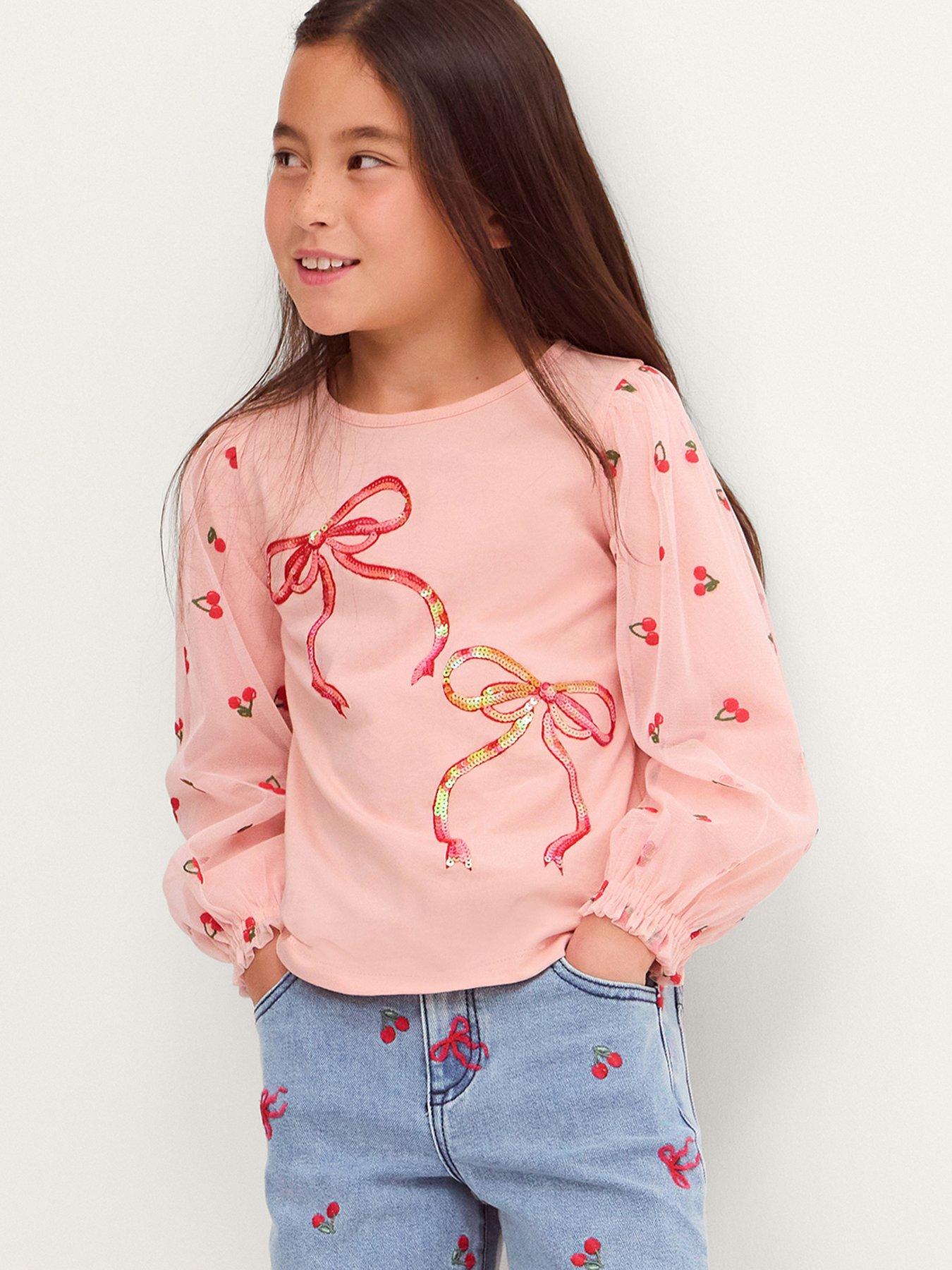 Monsoon Girls Long Sleeve Mon Cheri Mesh Sleeve Top - Pink