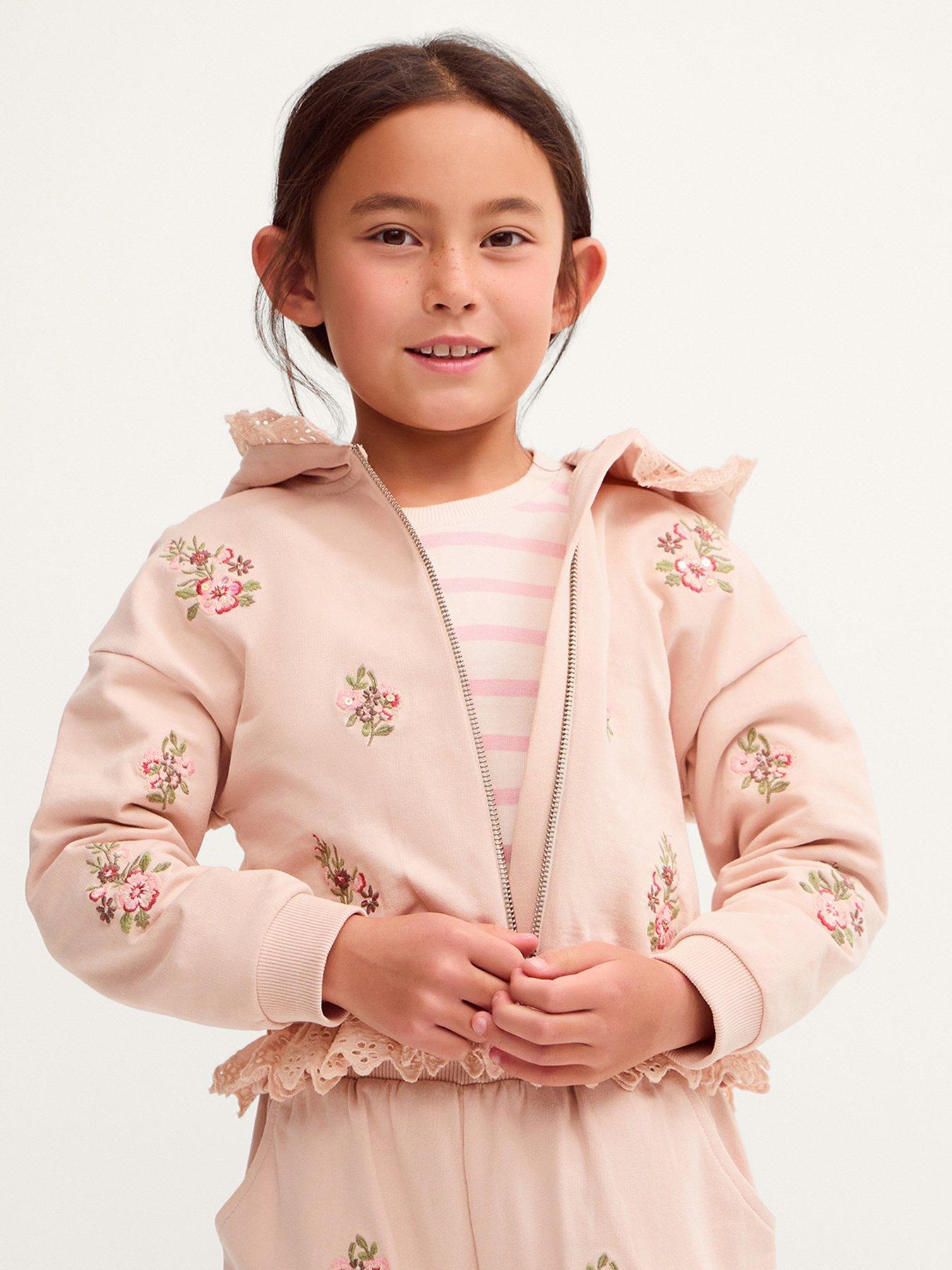Monsoon Girls Broderie Trim Floral Zip Co-Ord Hoody - Pink