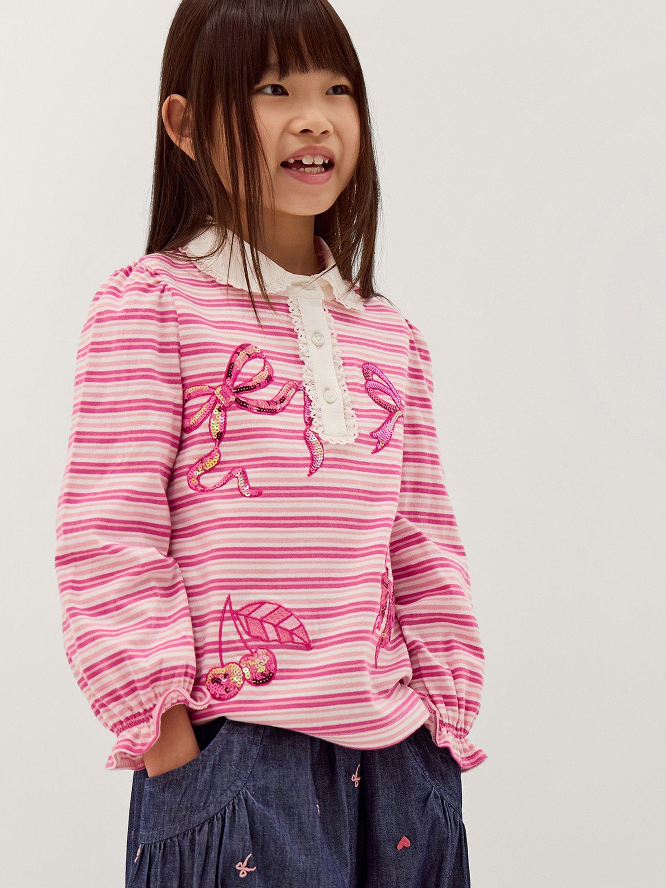 Monsoon Girls Mon Cheri Stripe Embroidered Tshirt - Pink