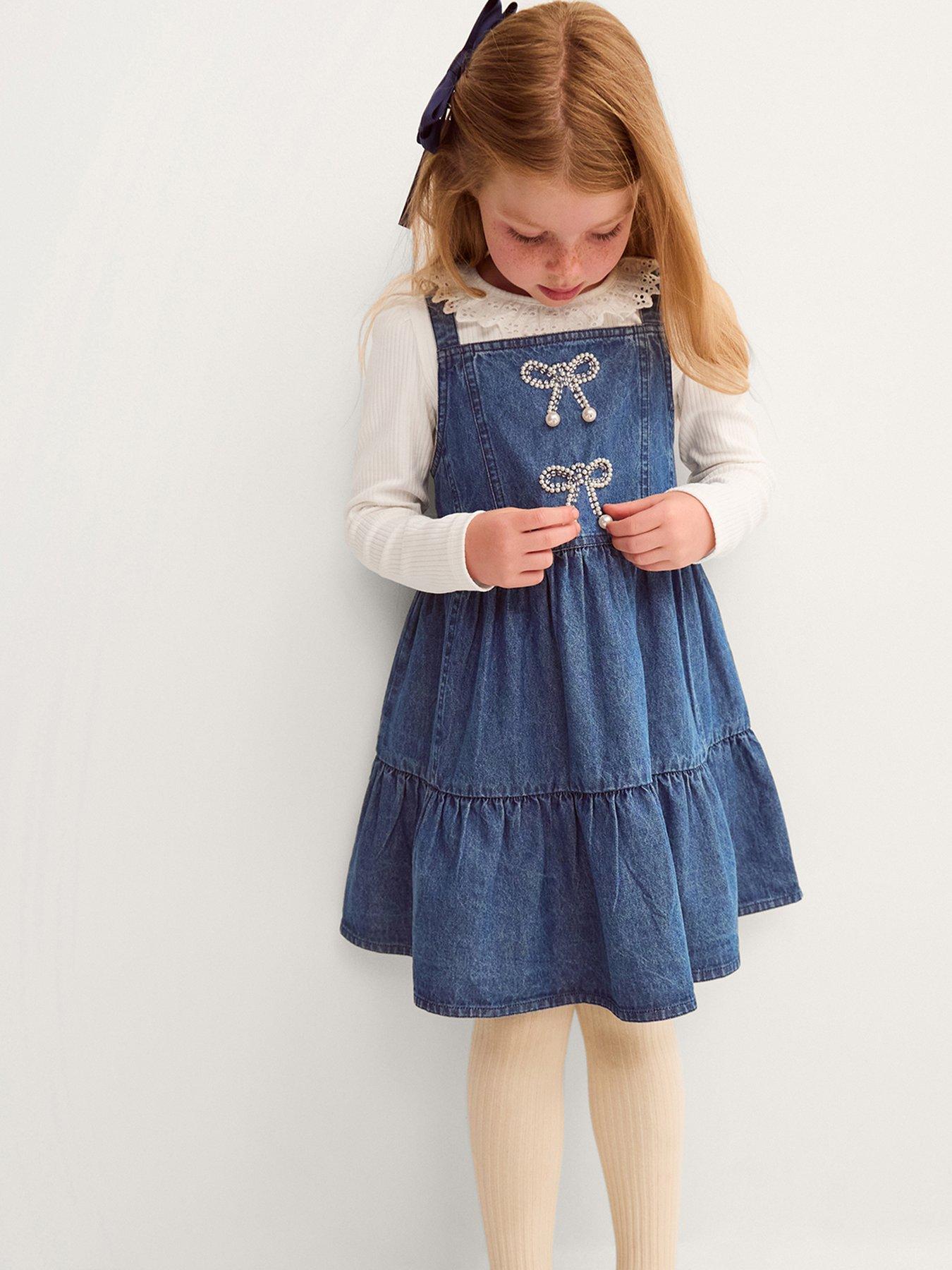 Monsoon Girls Long Sleeve Frill Top  &  Pinny Dress - Blue