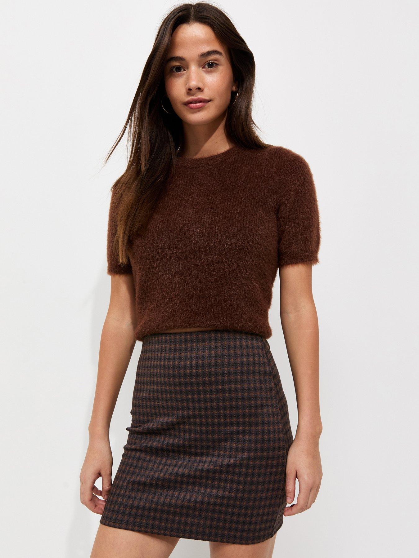 New Look Jacquard Jersey Check Tube Mini Skirt - Brown