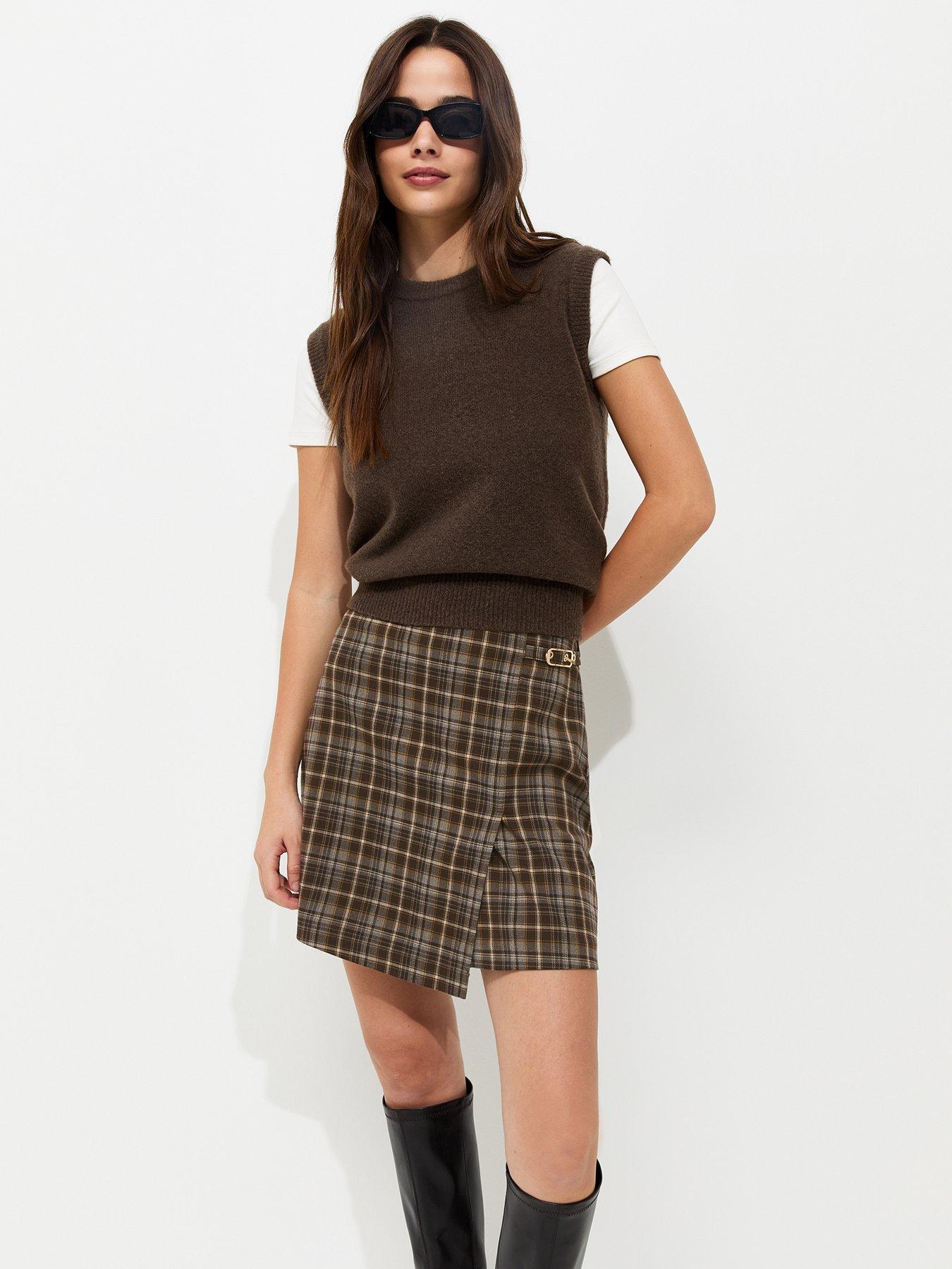New Look Check Wrap Mini Skort - Brown