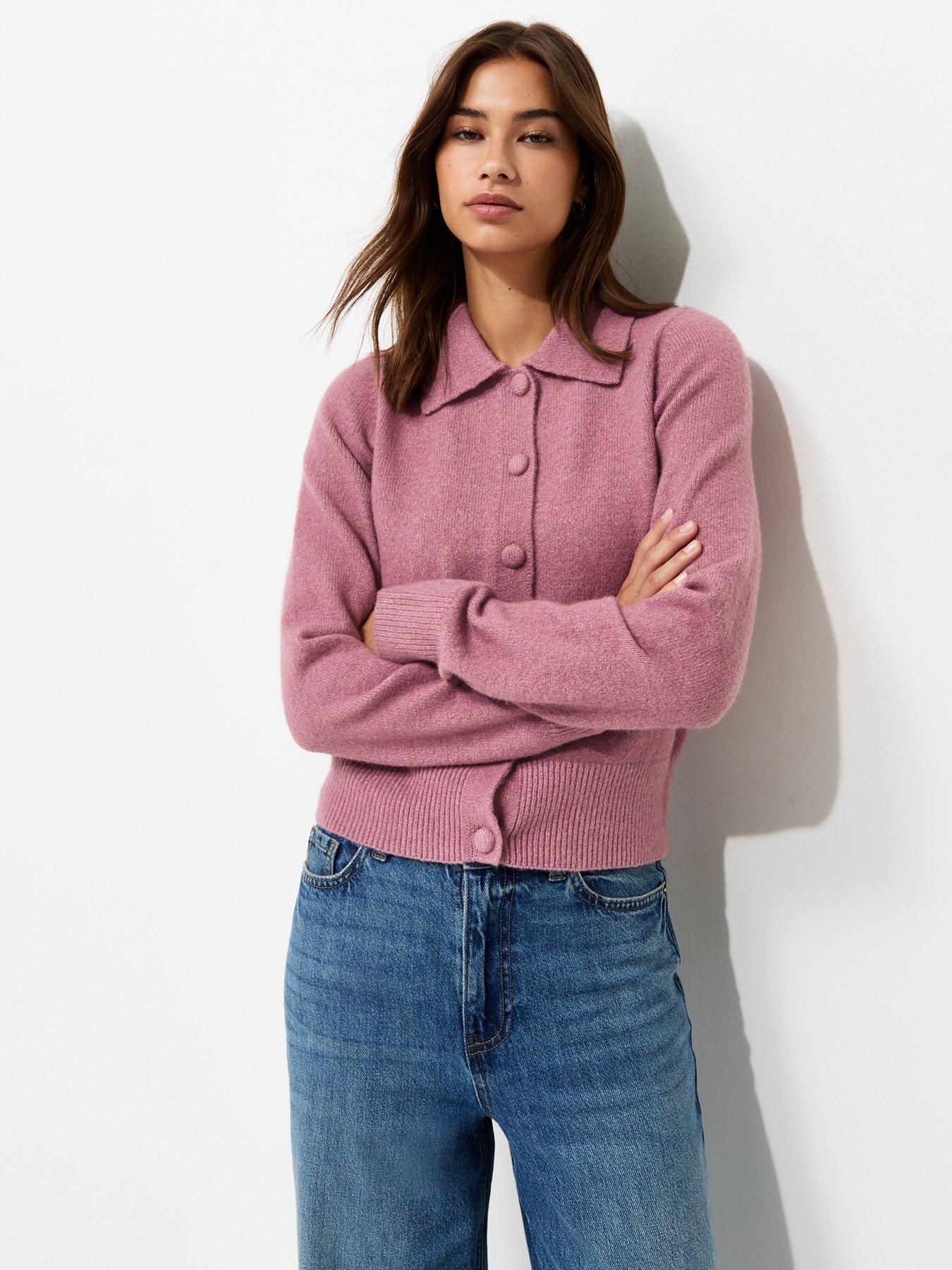 New Look Midweight Knit Collared Button Front Cardigan - Pink