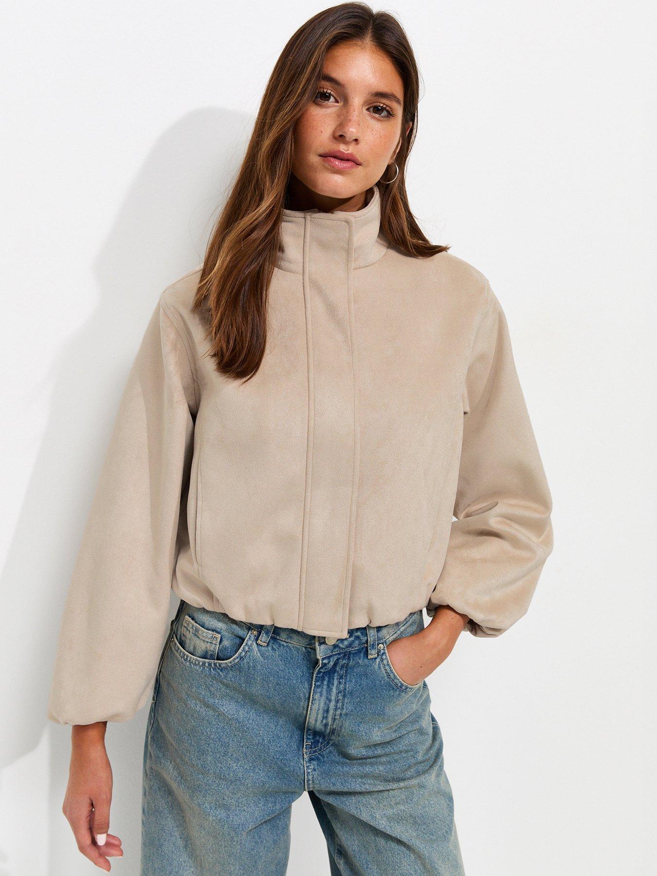 New Look Stone Faux Suede Bubble Hem Jacket - Beige