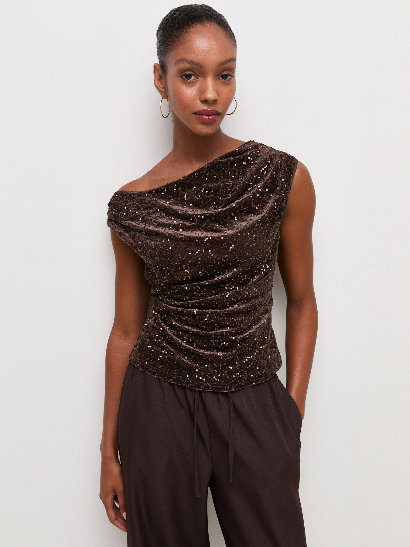 Image 1 of 5 of New Look Womens Velvet Sequin Draped Sleeveless Top - Brown