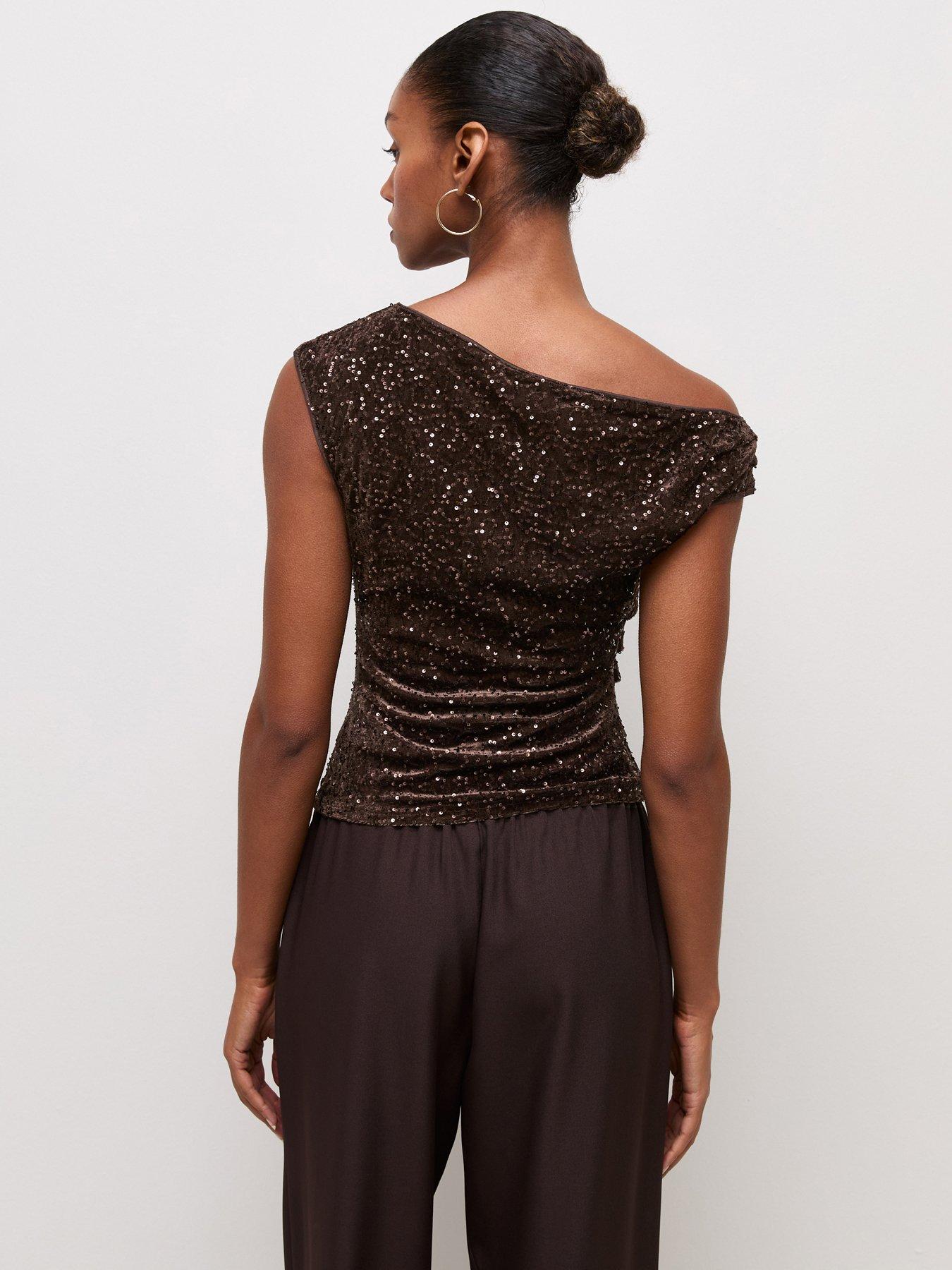Image 2 of 5 of New Look Womens Velvet Sequin Draped Sleeveless Top - Brown
