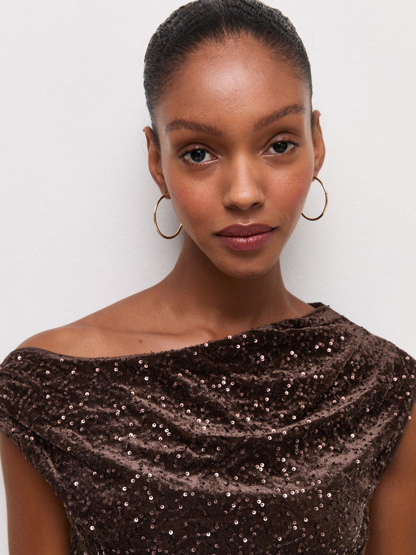 Image 4 of 5 of New Look Womens Velvet Sequin Draped Sleeveless Top - Brown