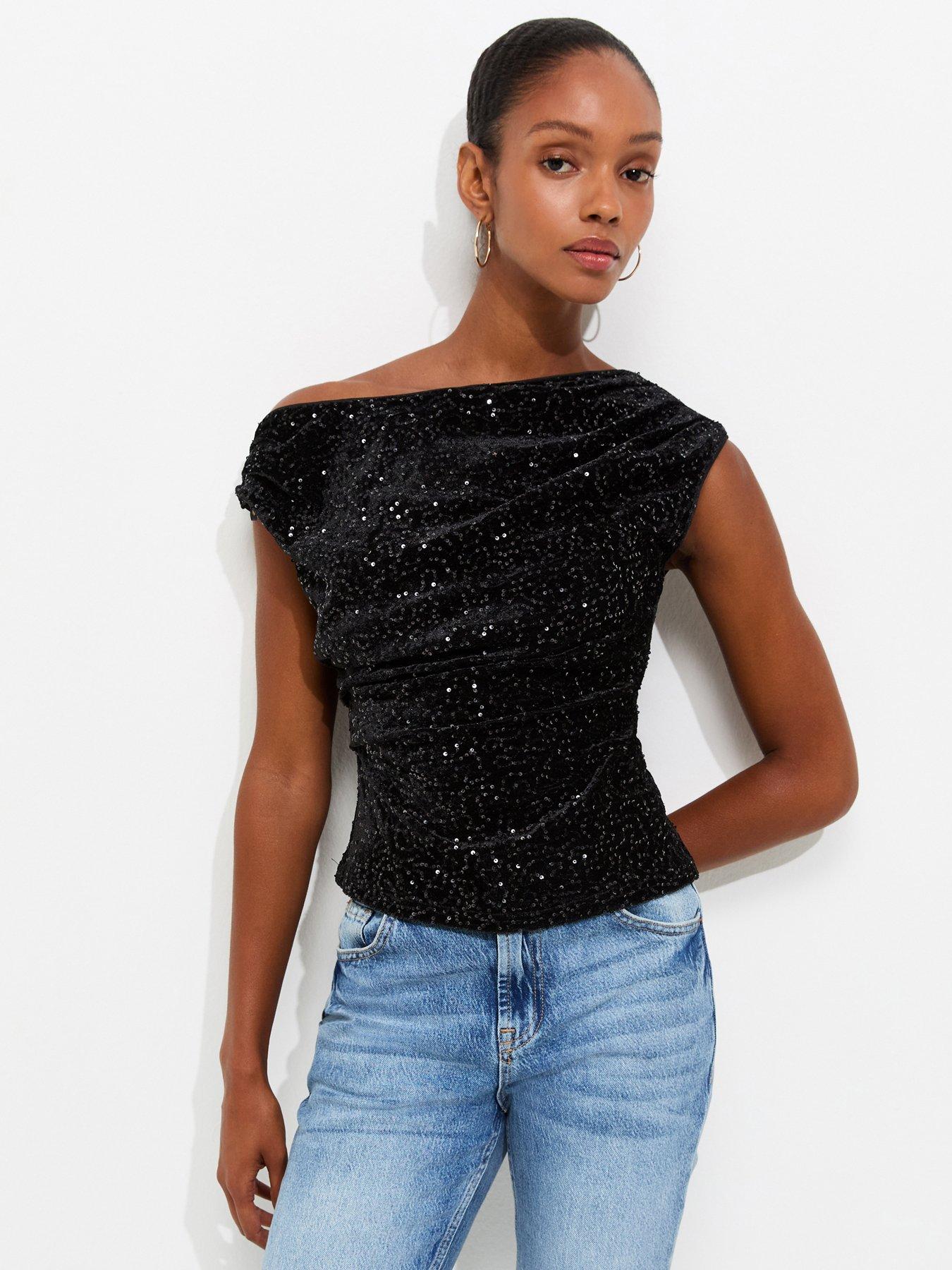 Image 1 of 5 of New Look Womens Sequin Ruched Fallen Shoulder Top - Black