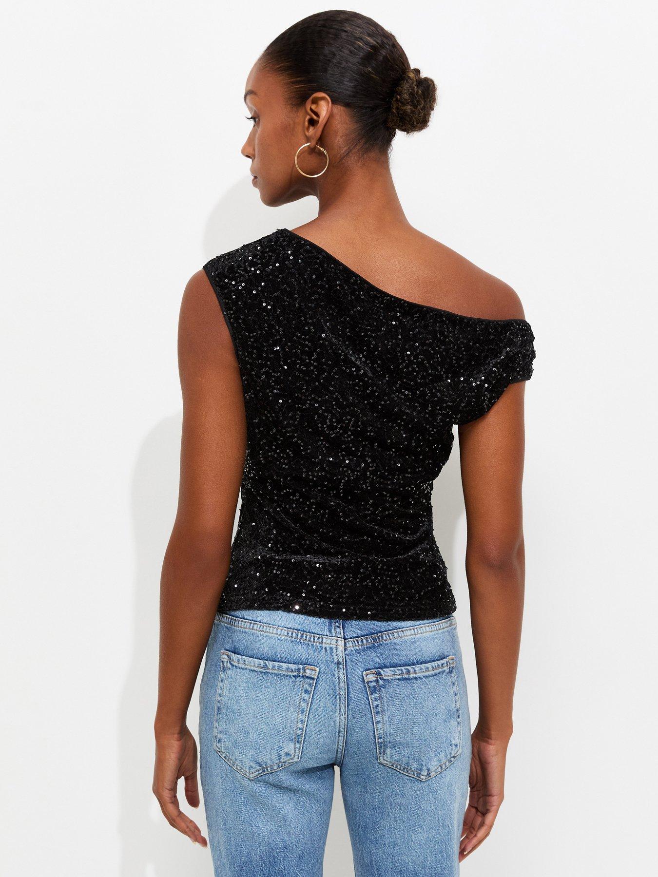 Image 2 of 5 of New Look Womens Sequin Ruched Fallen Shoulder Top - Black