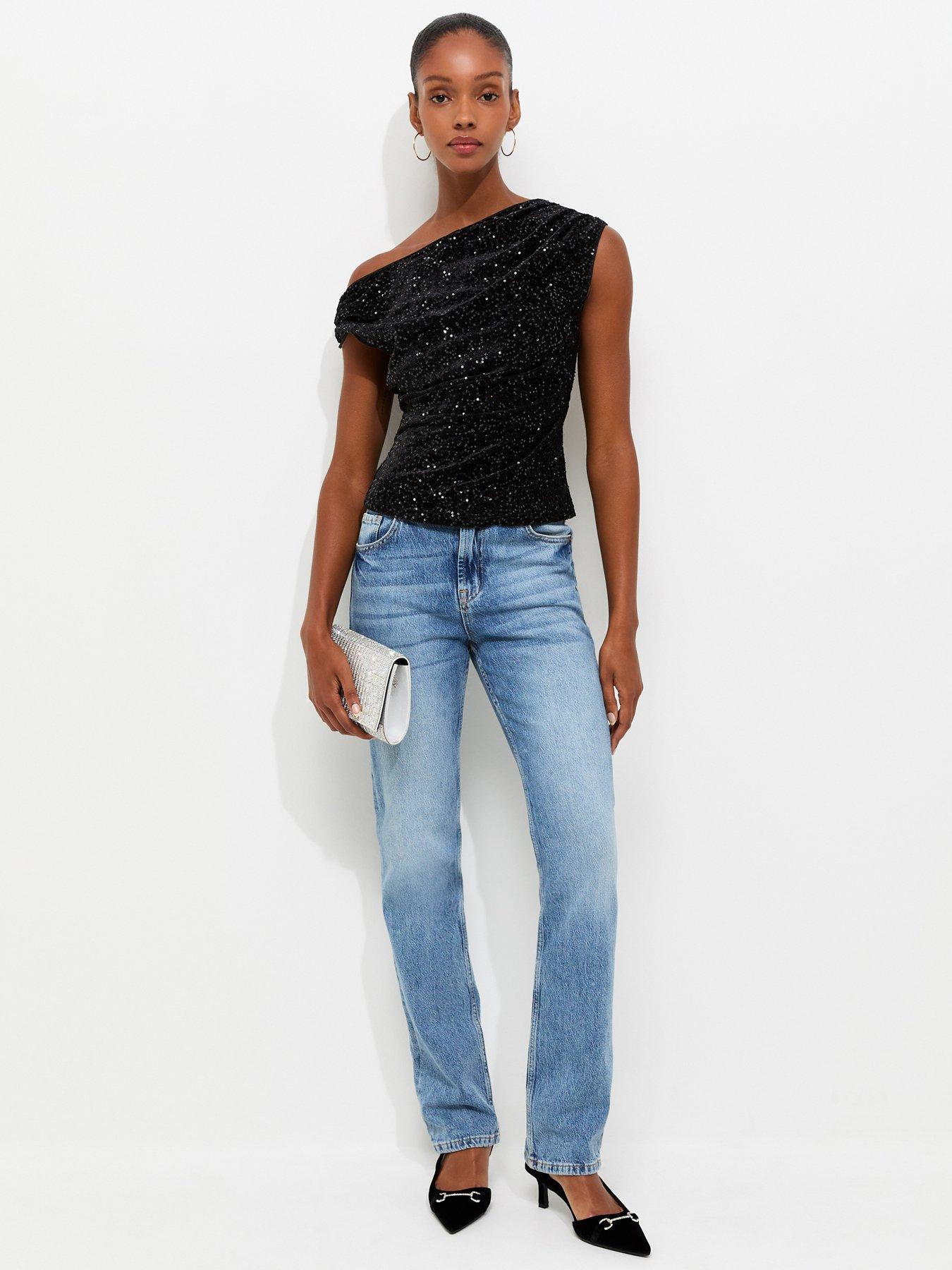 Image 3 of 5 of New Look Womens Sequin Ruched Fallen Shoulder Top - Black