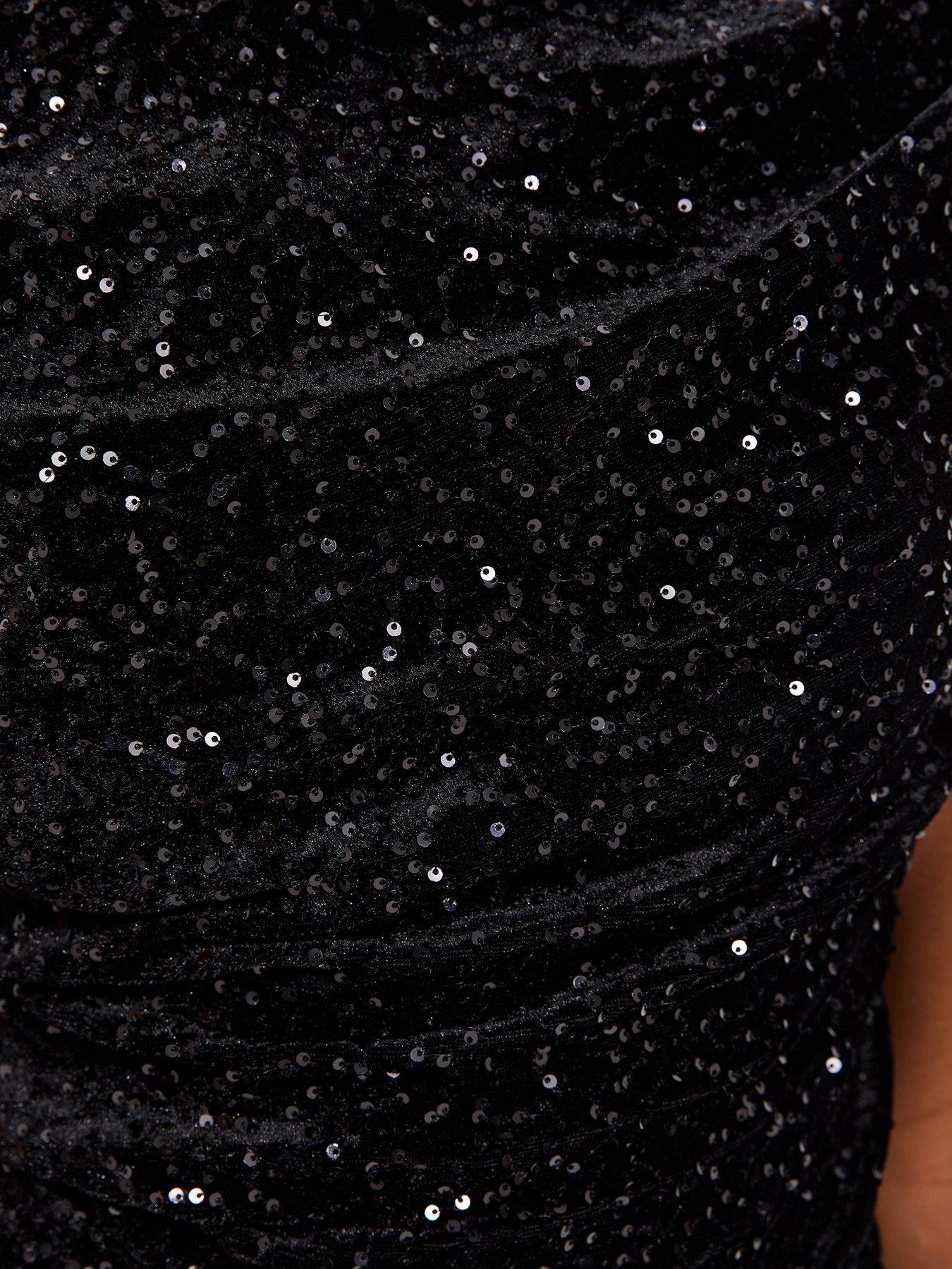 Image 5 of 5 of New Look Womens Sequin Ruched Fallen Shoulder Top - Black