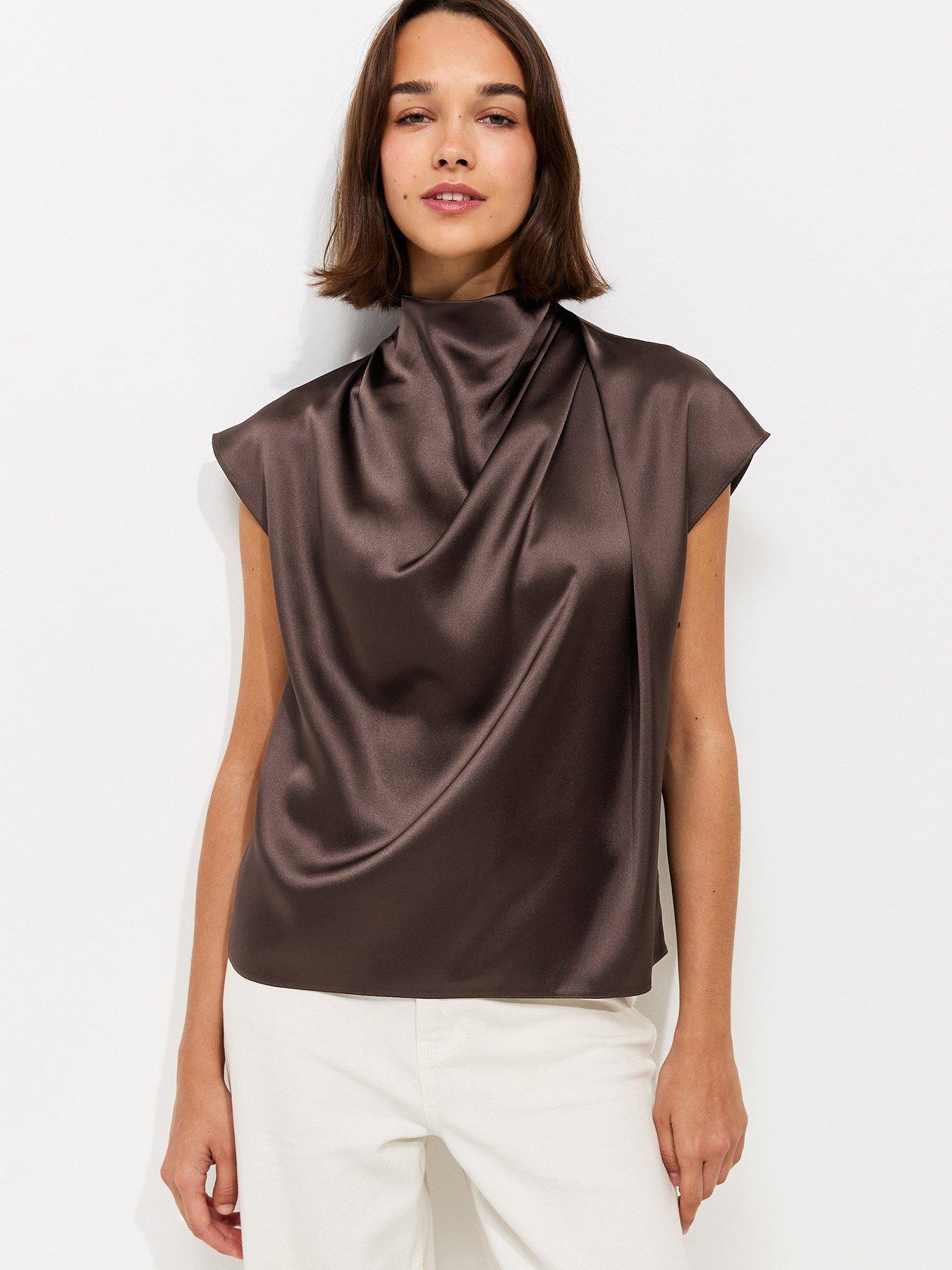 New Look Satin Cowl Neck Sleeveless Top - Brown