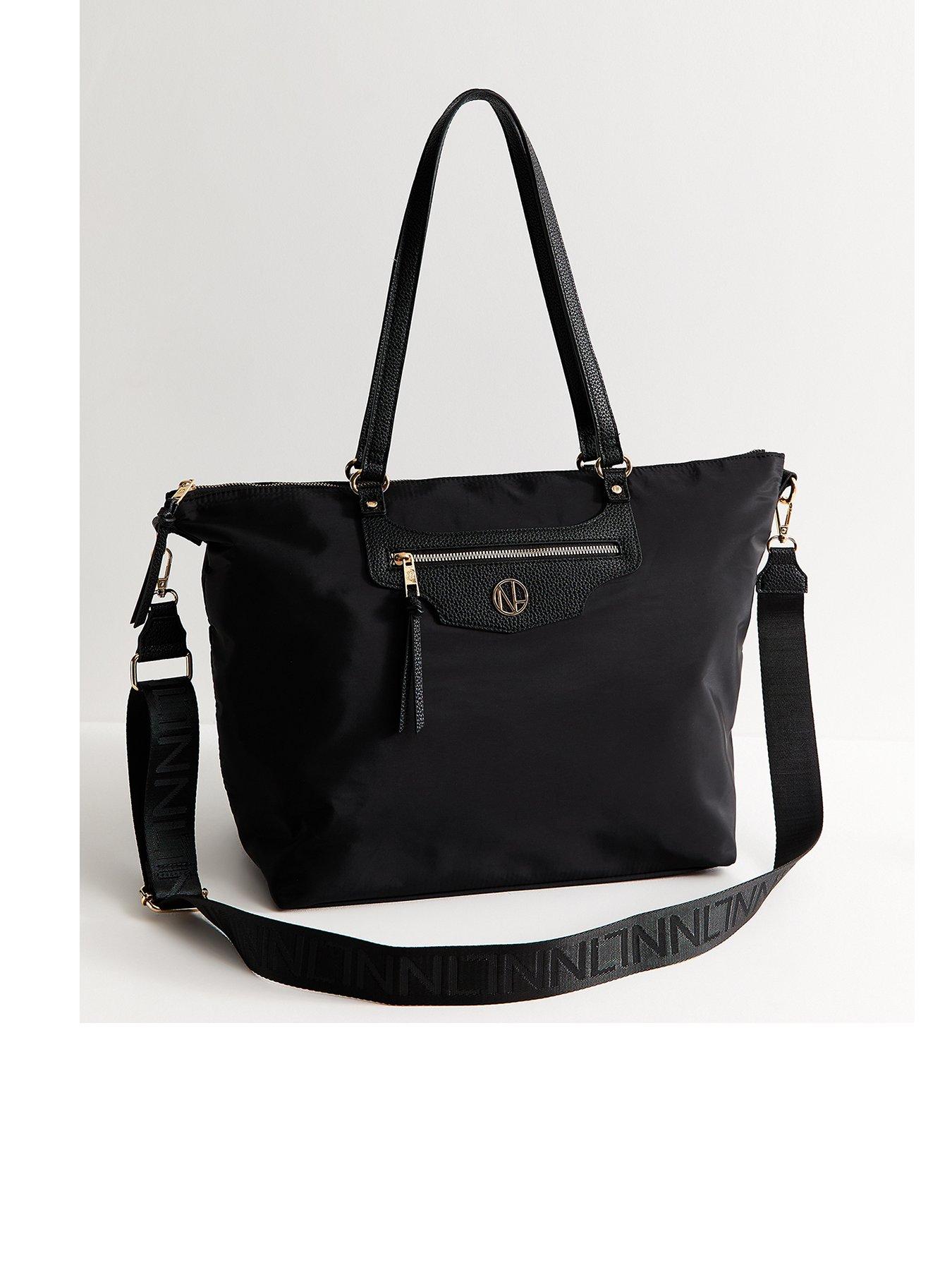 New Look Black Faux Leather Logo Plaque Front Pocket Tote Bag