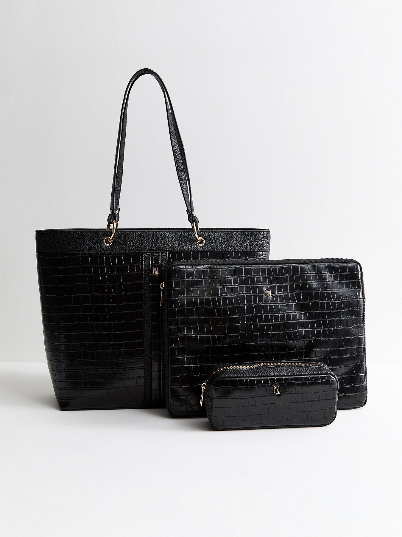 New Look Faux Leather Crocodile Embossed Trio Tote School Bag - Black