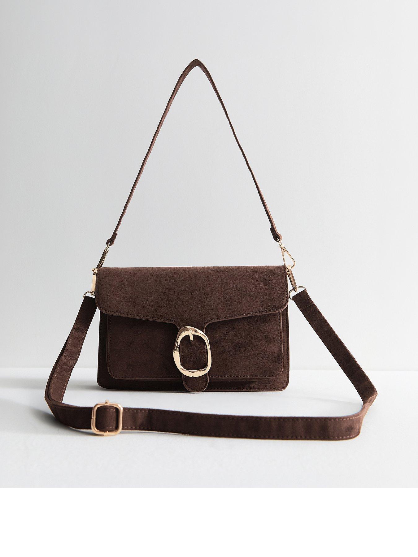 New Look Dark Brown Faux Suede Sculpted Buckle Shoulder Bag