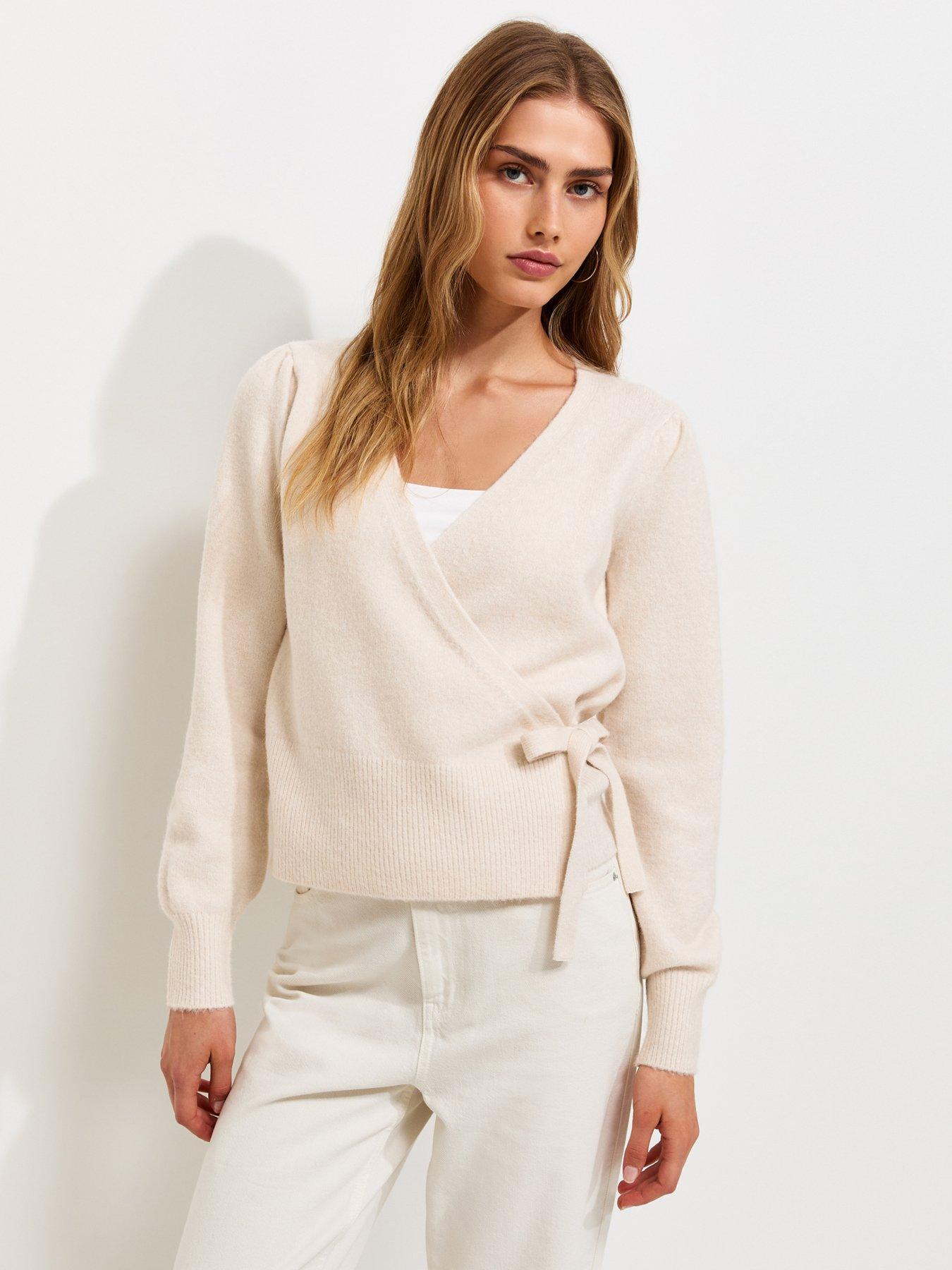 New Look Puff Sleeve Knitted Wrap Jumper - Cream