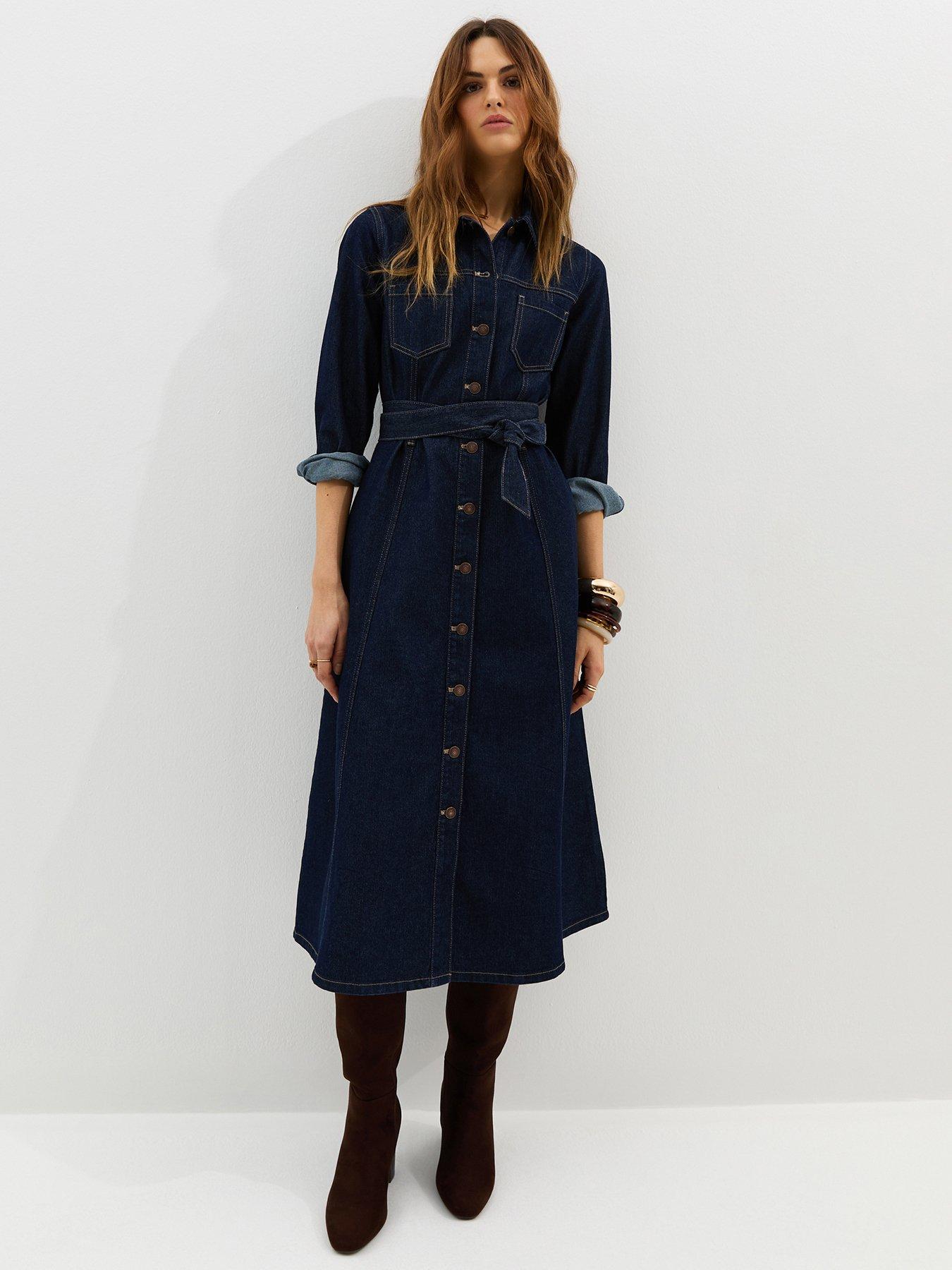 New Look Navy Denim Long Sleeve Shirt Midi Dress