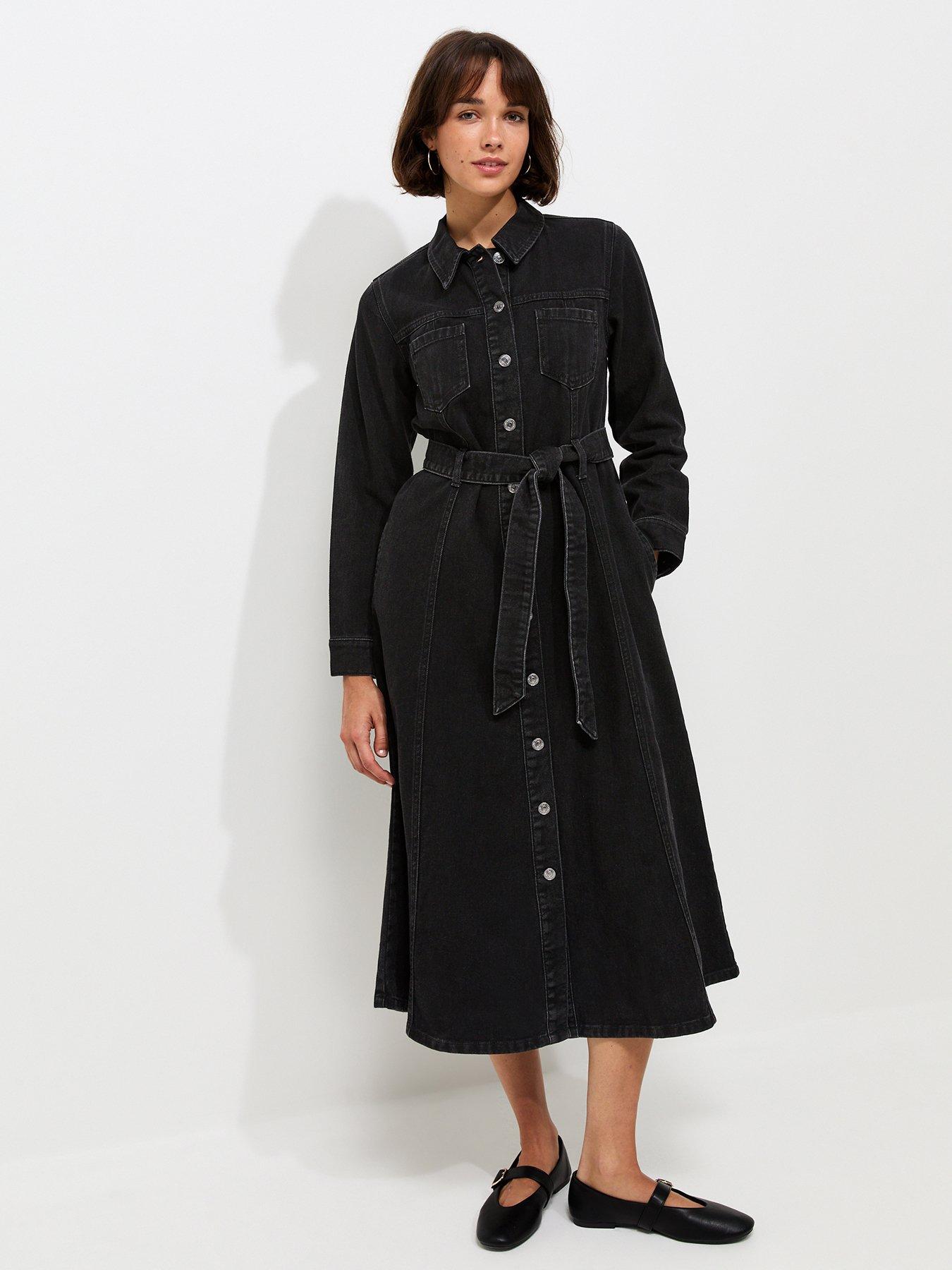 New Look Black Denim Long Sleeve Shirt Midi Dress