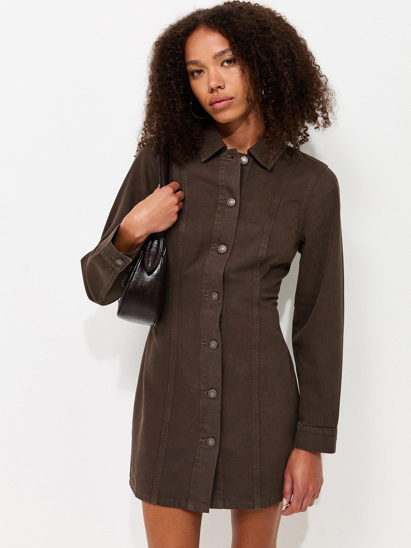 New Look Women's Long Sleeve Cinched Denim Dress - Dark Brown