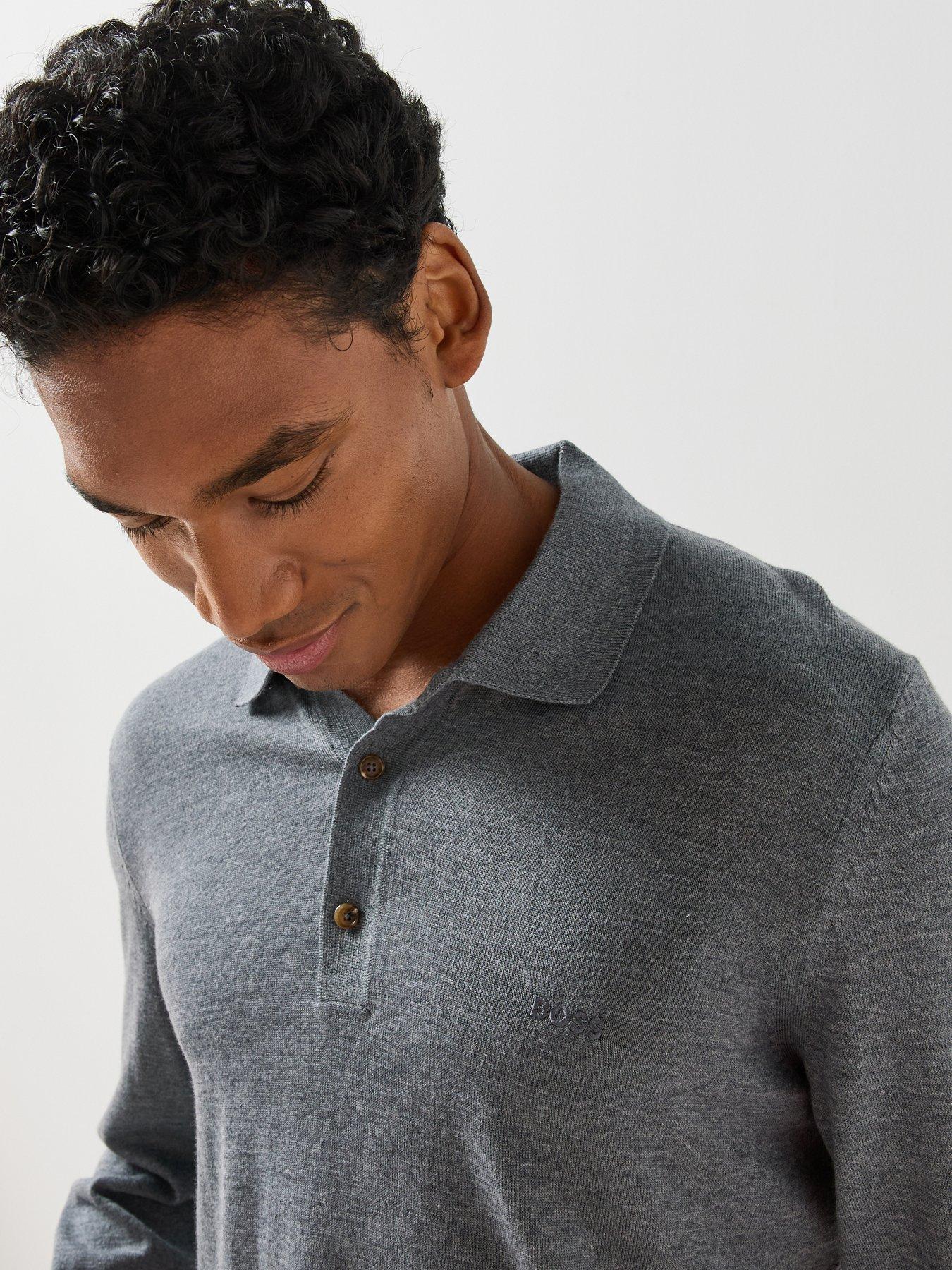 Image 4 of 6 of BOSS Mens H-Lancione-L Virgin Wool Long Sleeve Polo Shirt - Grey