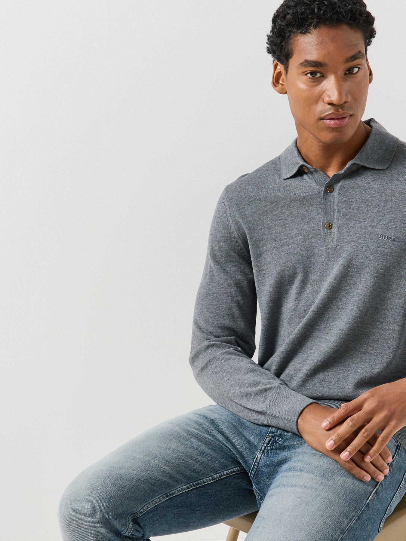 Image 5 of 6 of BOSS Mens H-Lancione-L Virgin Wool Long Sleeve Polo Shirt - Grey
