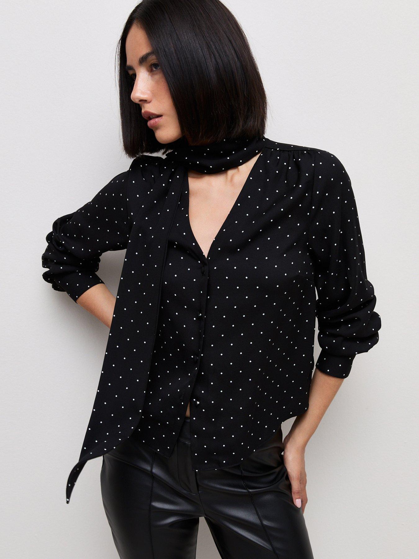 Image 1 of 6 of New Look Womens Pussybow Spot Print Blouse - Black