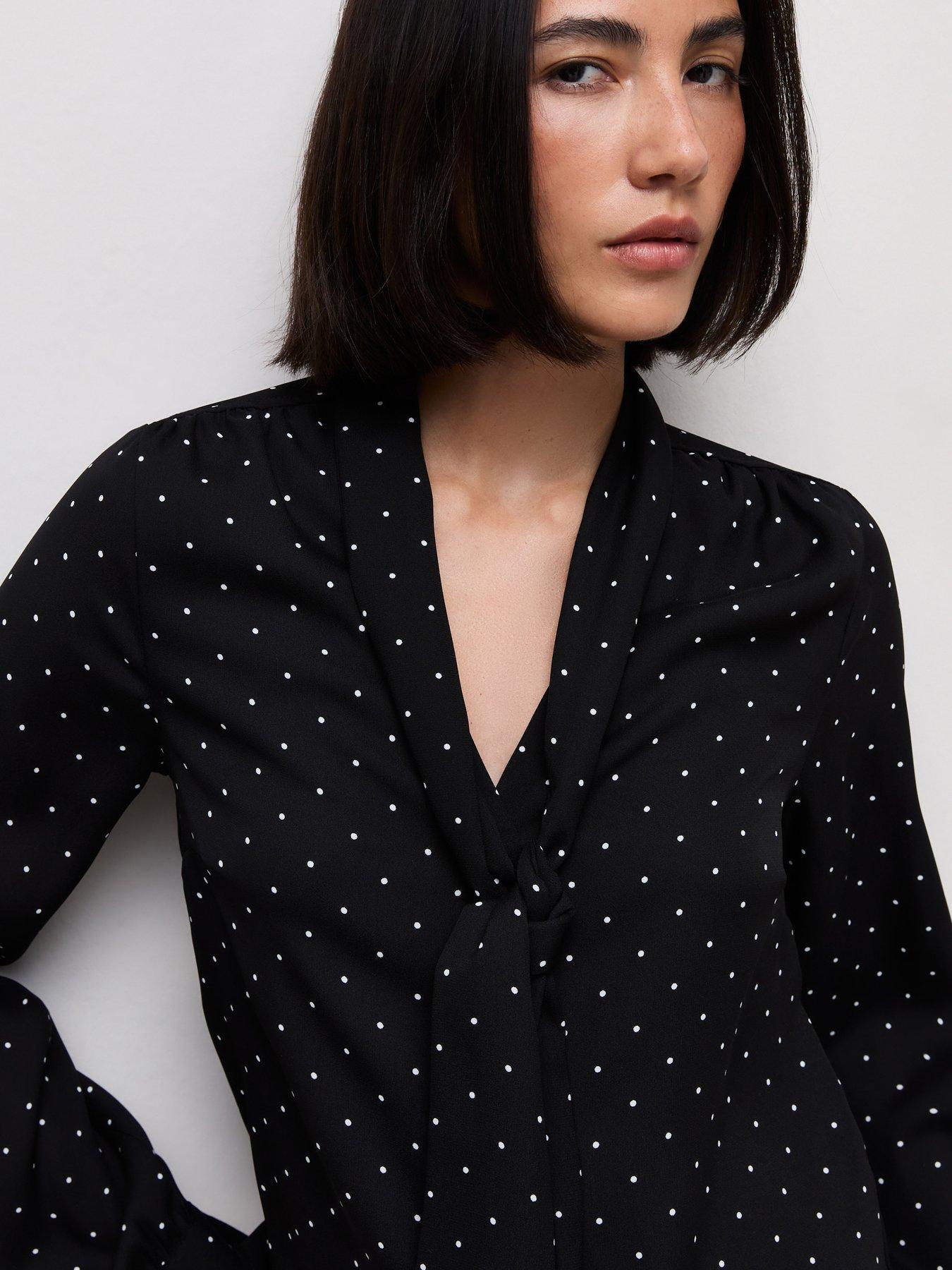 Image 4 of 6 of New Look Womens Pussybow Spot Print Blouse - Black