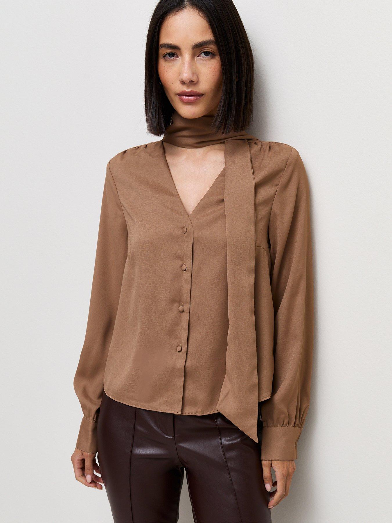 Image 1 of 5 of New Look Mink Woven Pussybow Blouse