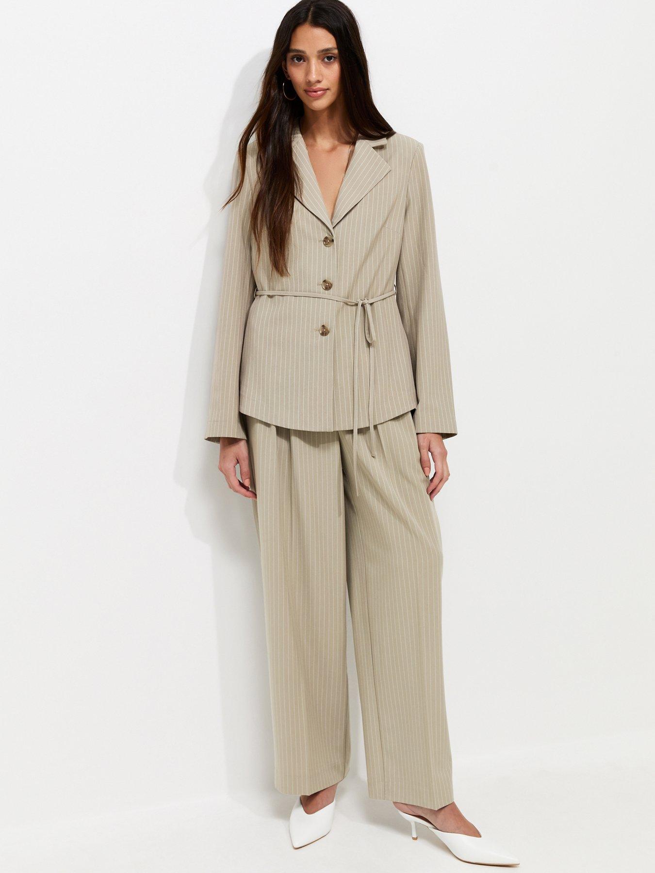 New Look Soft Touch Striped Tie Waist Co-ord Blazer - Brown