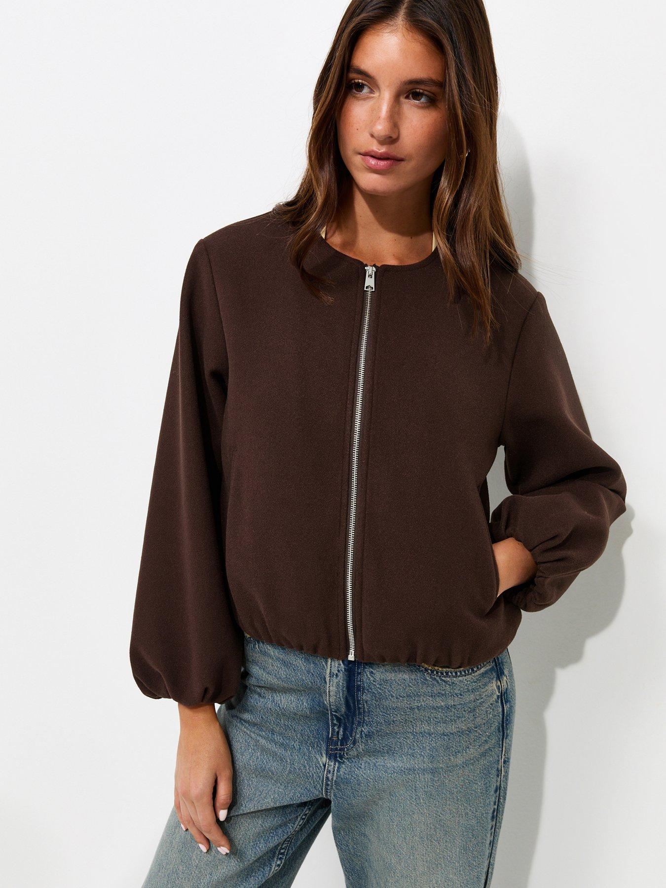 New Look Collarless Zip Through Bomber Jacket - Brown