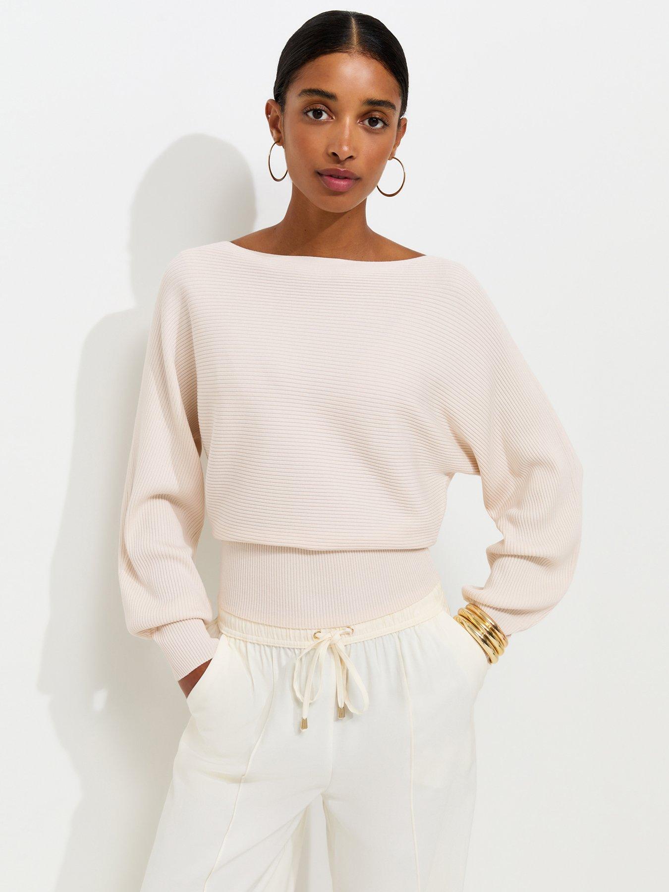New Look Lightweight Ribbed Knit Slash Neck Batwing Jumper - Cream