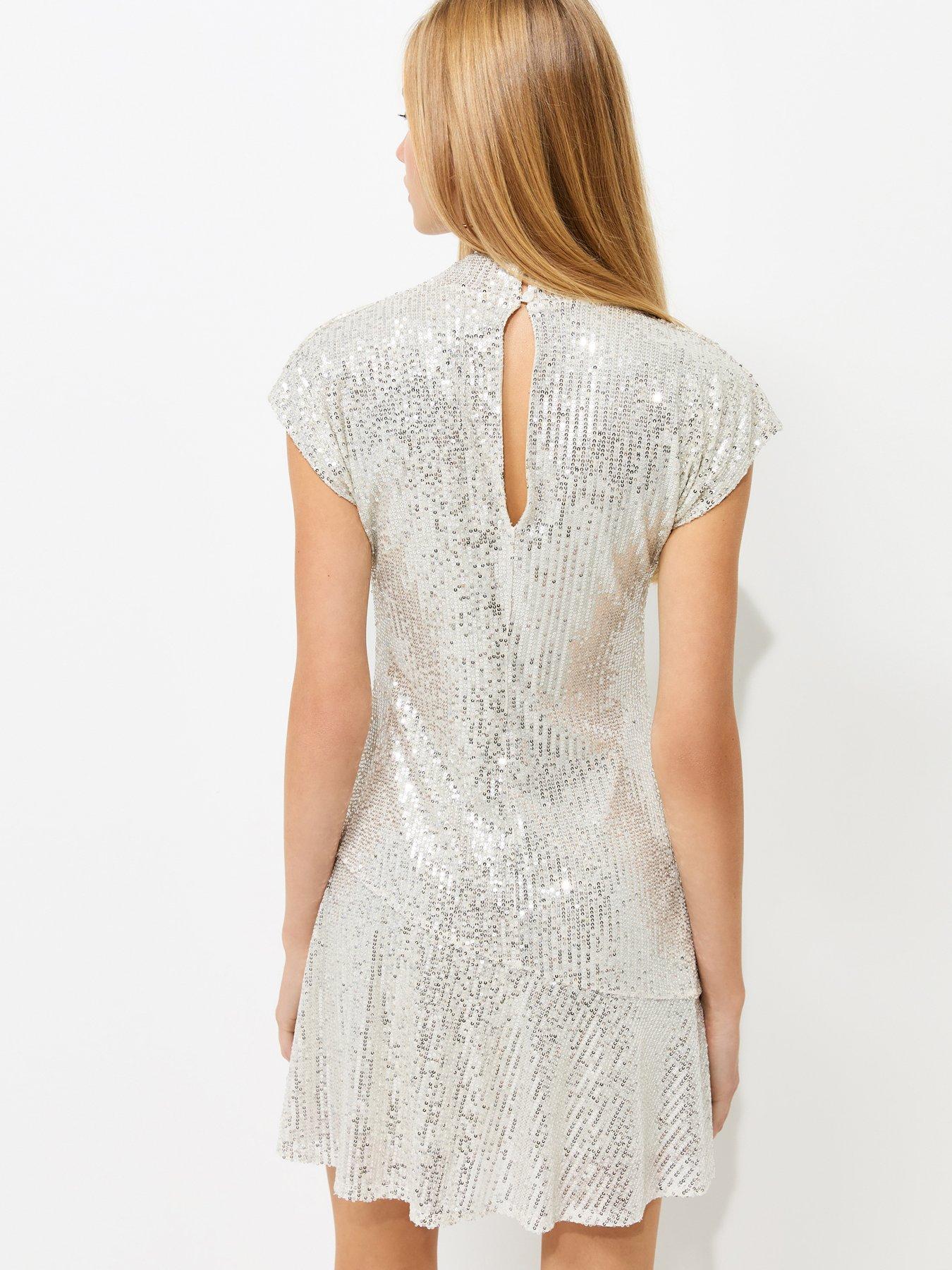 Image 2 of 6 of New Look Womens High Neck Sequin Embellished Mini Dress - Silver